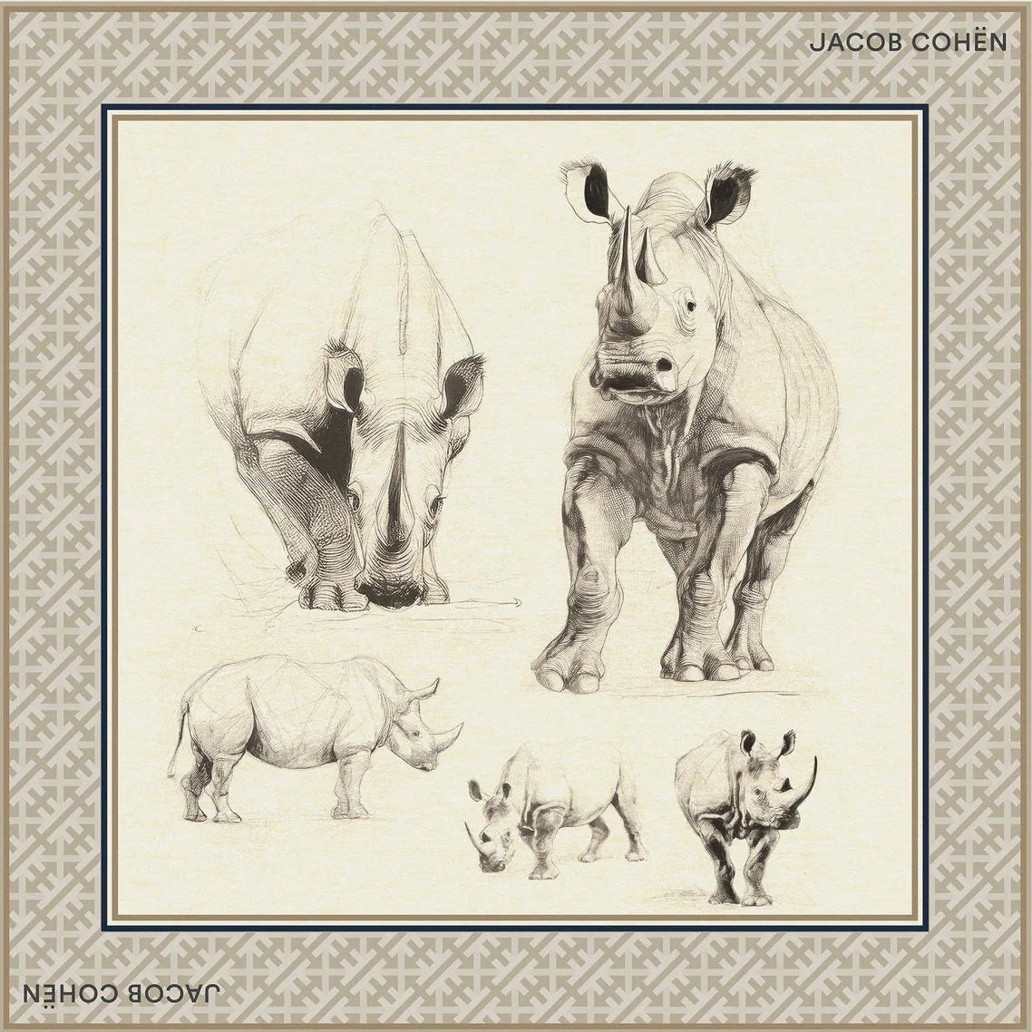 Framed artwork bandana of rhinoceros illustrations with 'Jacob Cohen' branding.