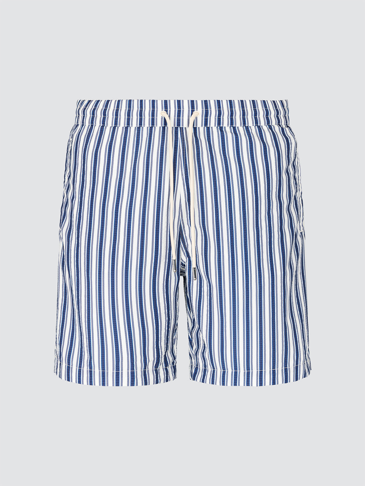Blue and white striped swim shorts Jacob Cohën on a light gray background