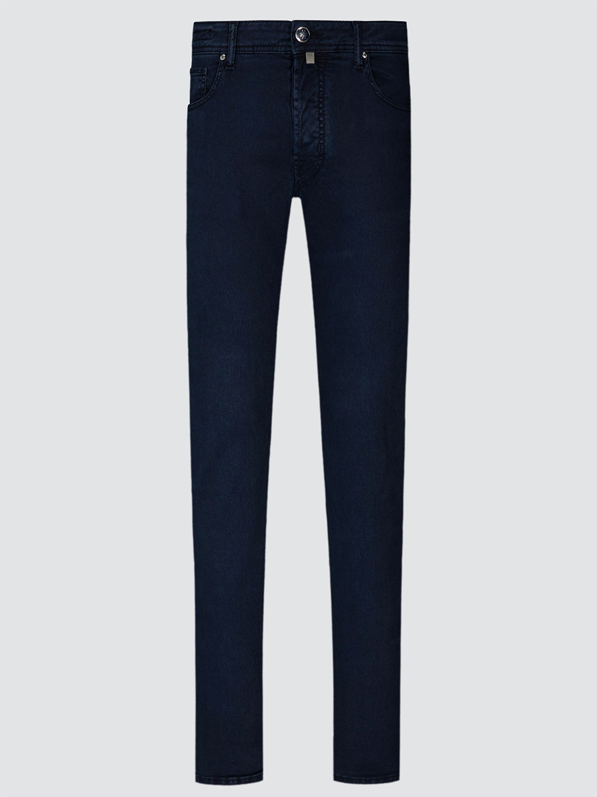 A pair of dark navy blue slim-fit jeans shown flat against a light gray background.