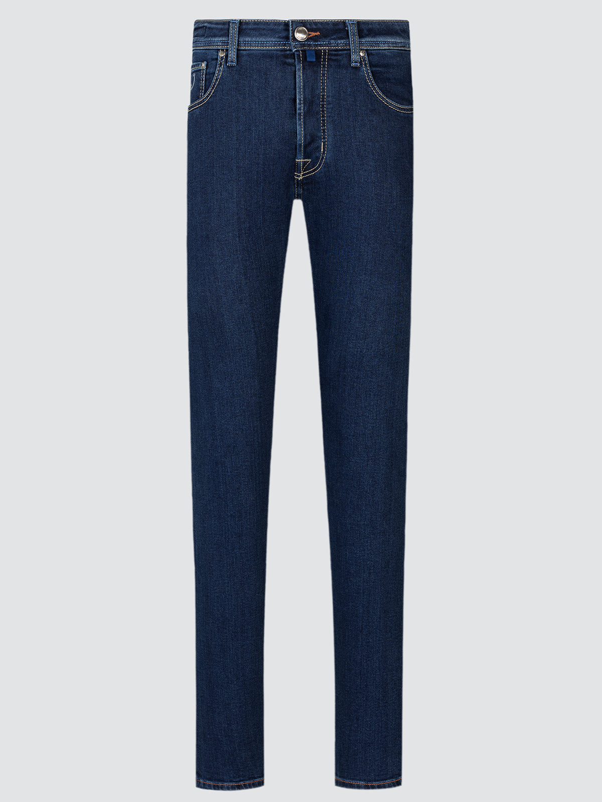 Pair of dark blue jeans on a light gray background