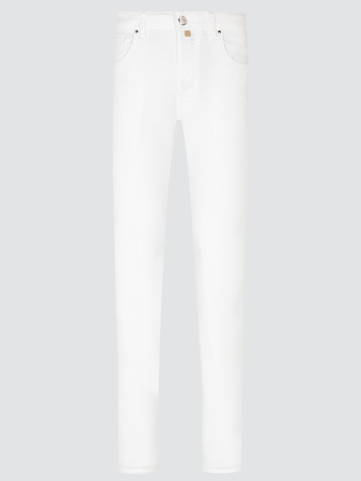 White slim-fit jeans twill shown flat against a light gray background.