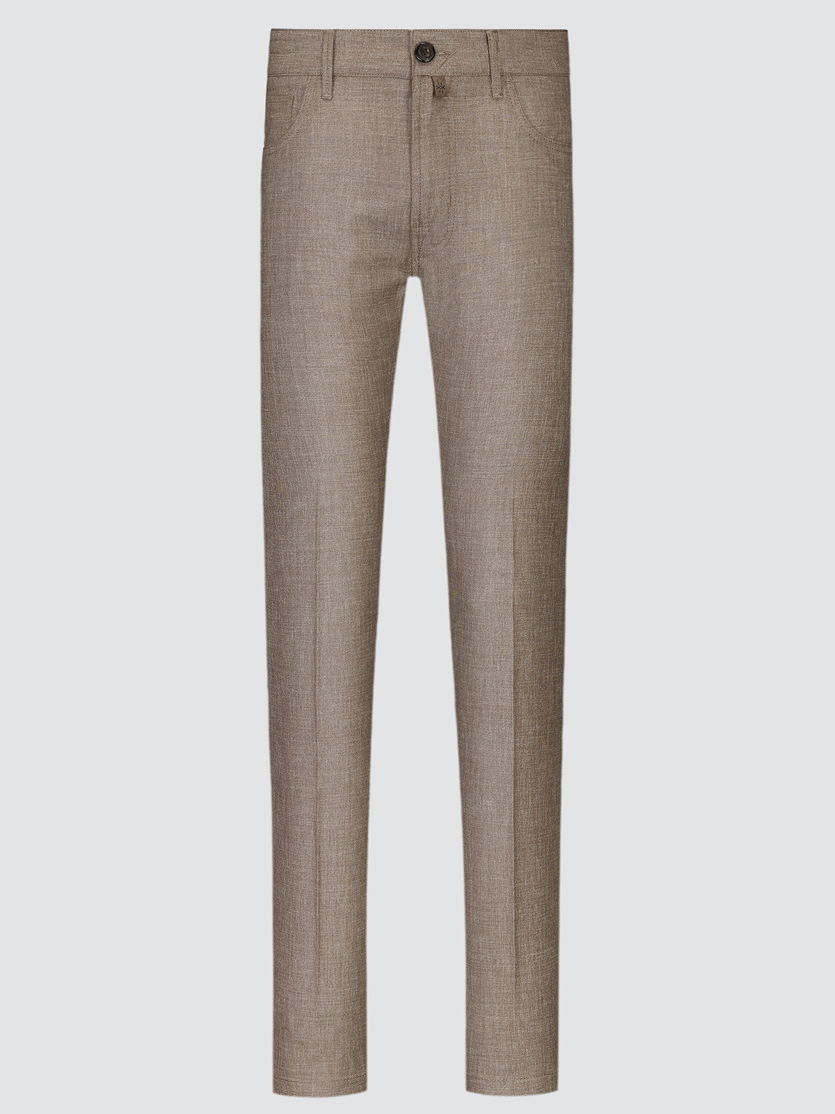 A pair of slim-fit trousers in a textured taupe-brown fabric, shown flat against a light gray background.