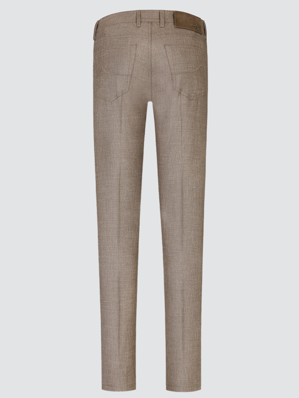 A pair of men's slim-fit trousers shown from the back, featuring a subtle textured weave in a light brown and beige colorway.