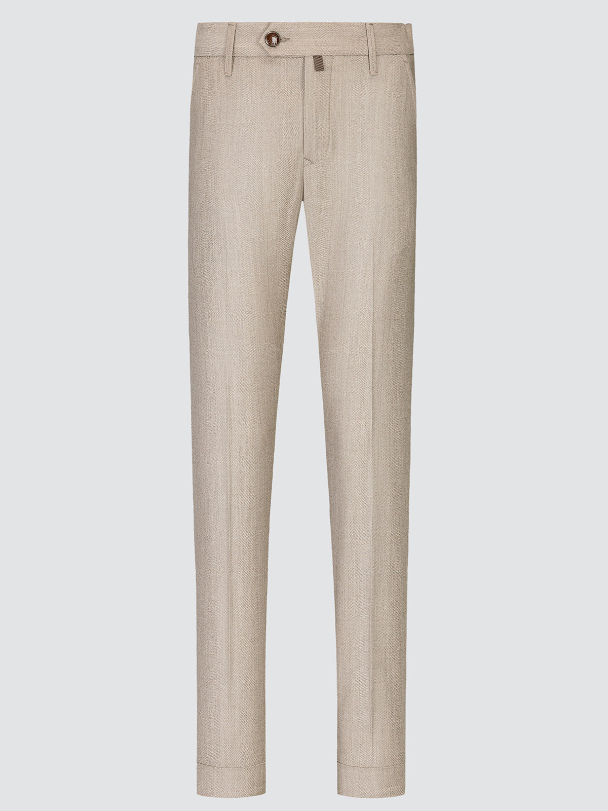 A pair of men's slim-fit trousers in a light beige textured fabric, shown flat against a solid light gray background.