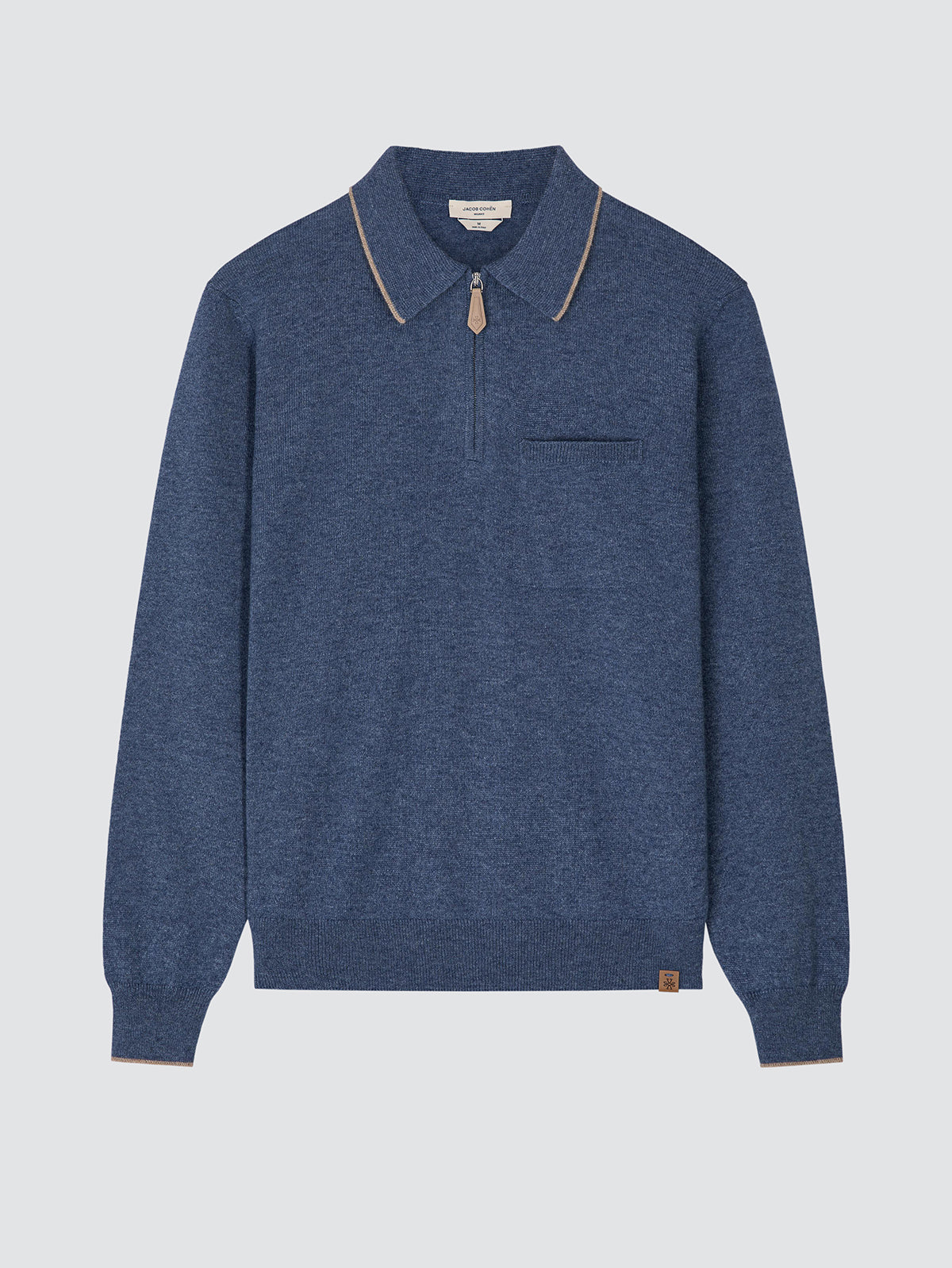 A blue heathered long-sleeve quarter-zip polo sweater with beige contrast piping on the collar and sleeve cuffs, displayed against a light gray background.