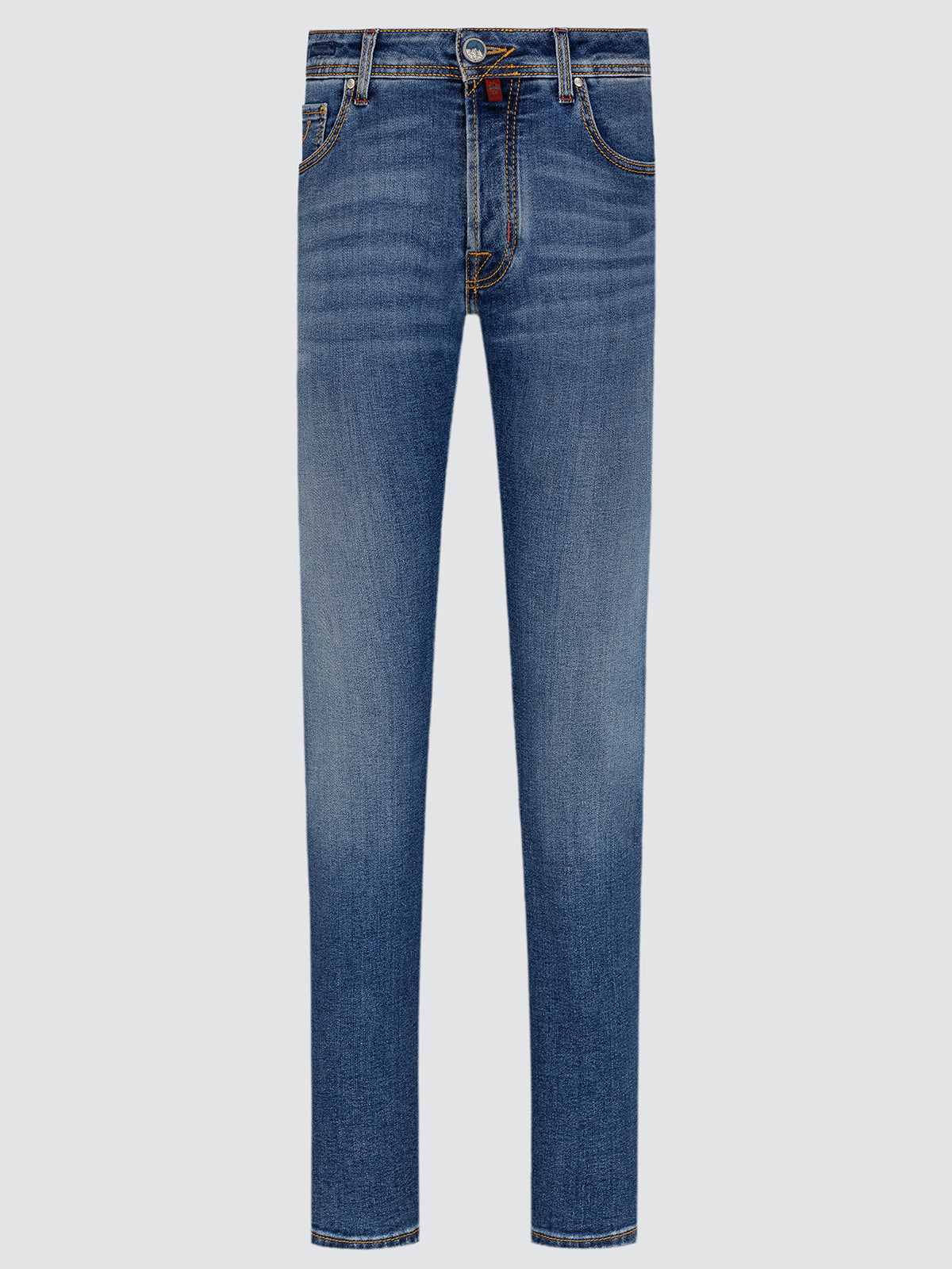 Blue jeans on a light gray background