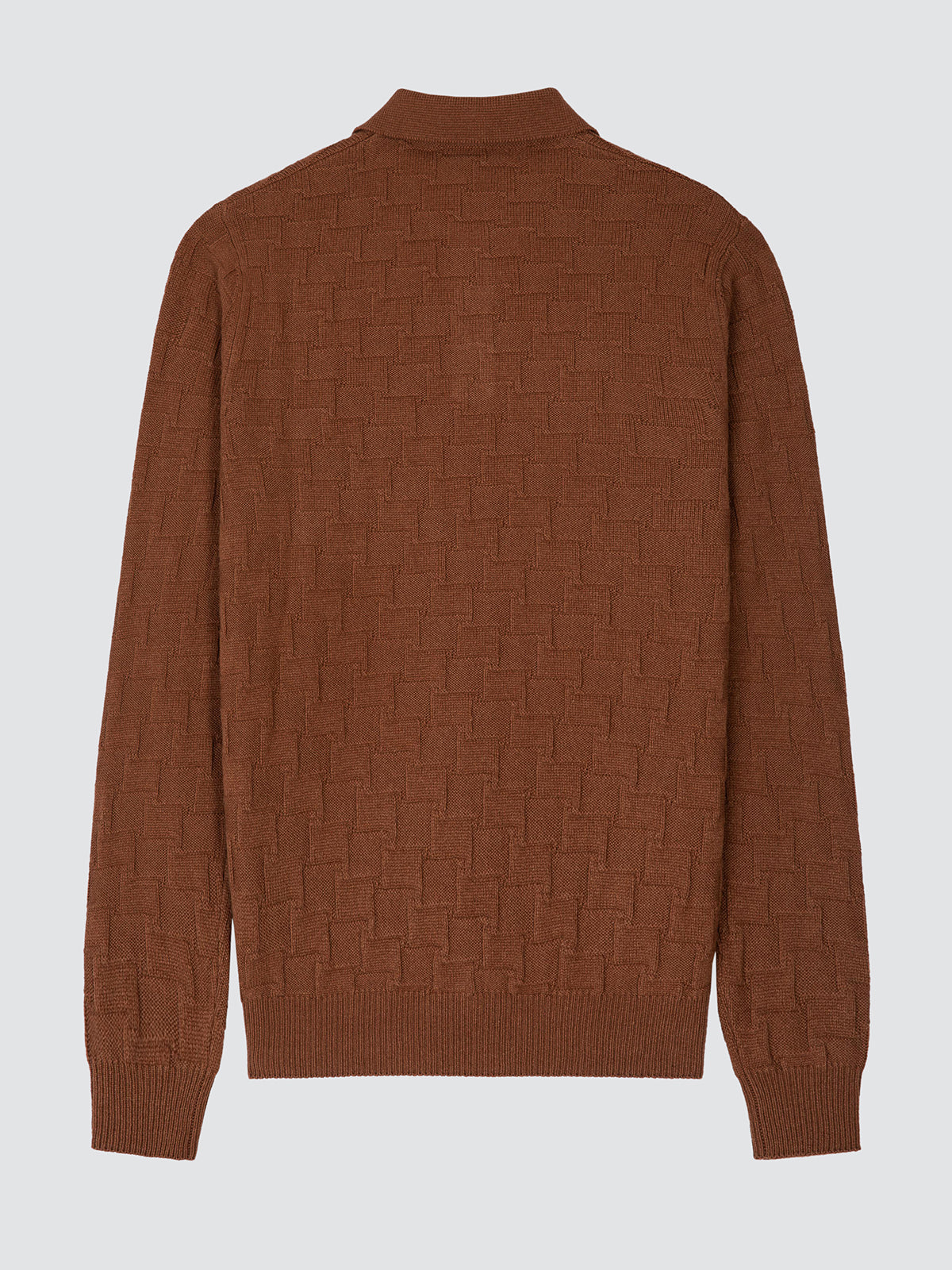 A brown textured knit sweater with a mock neck, shown from the back against a light gray background.