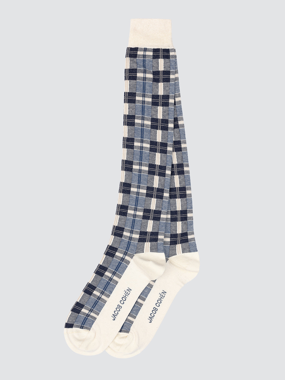 Paar sokken met een klassiek tartanpatroon in blauwtinten