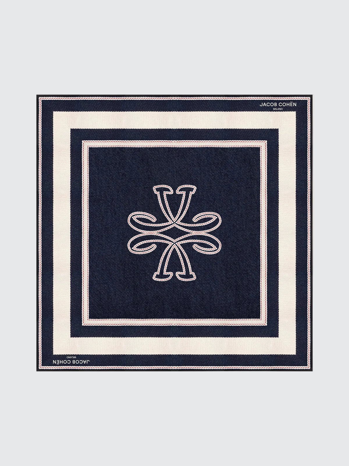 Jacob Cohën square scarf in navy blue and cream, featuring a central embroidered monogram and concentric borders.
