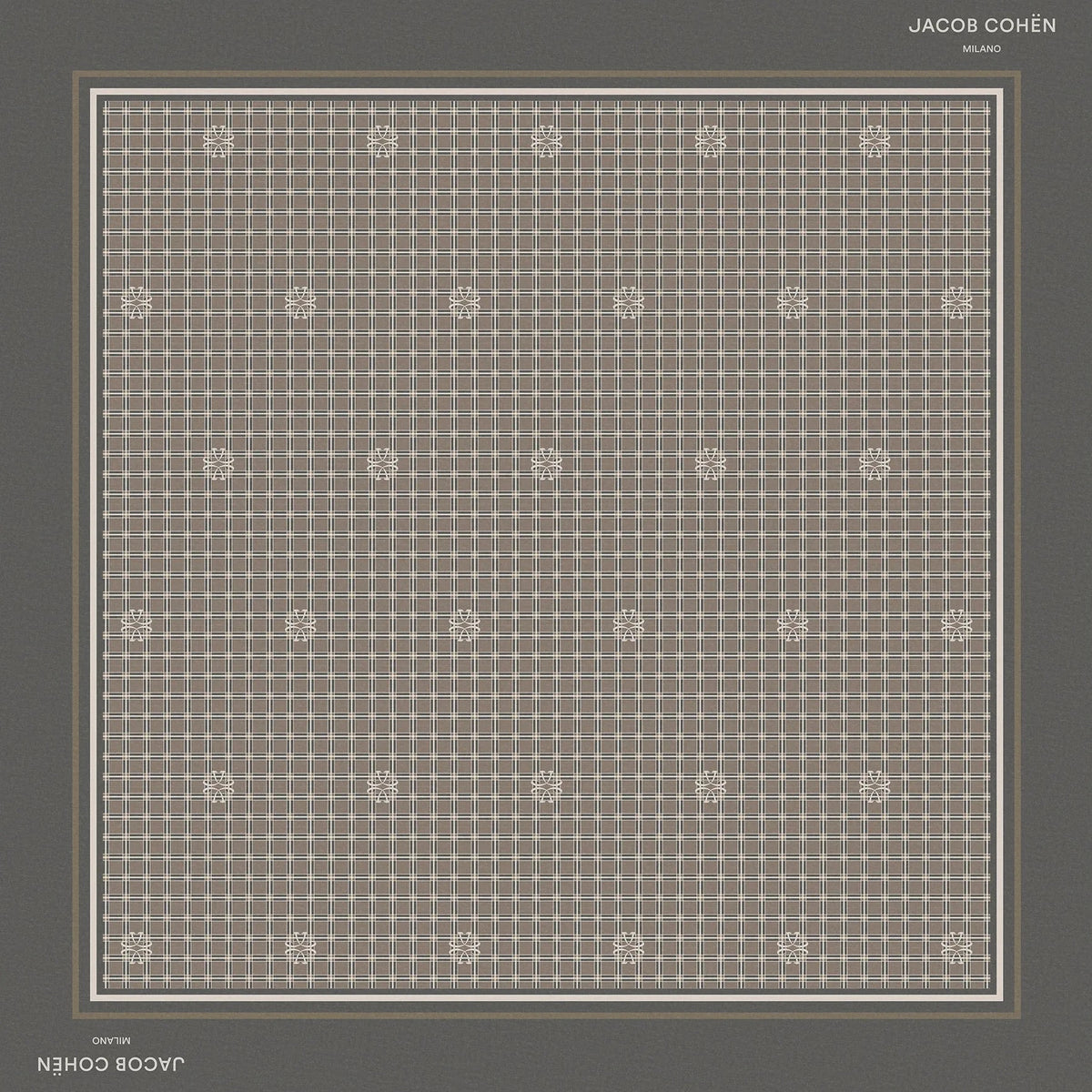 A square scarf by Jacob Cohen, featuring a geometric pattern of small white dots and squares on a taupe-gray background, framed by a wide dark gray border with the brand name printed at the top right.