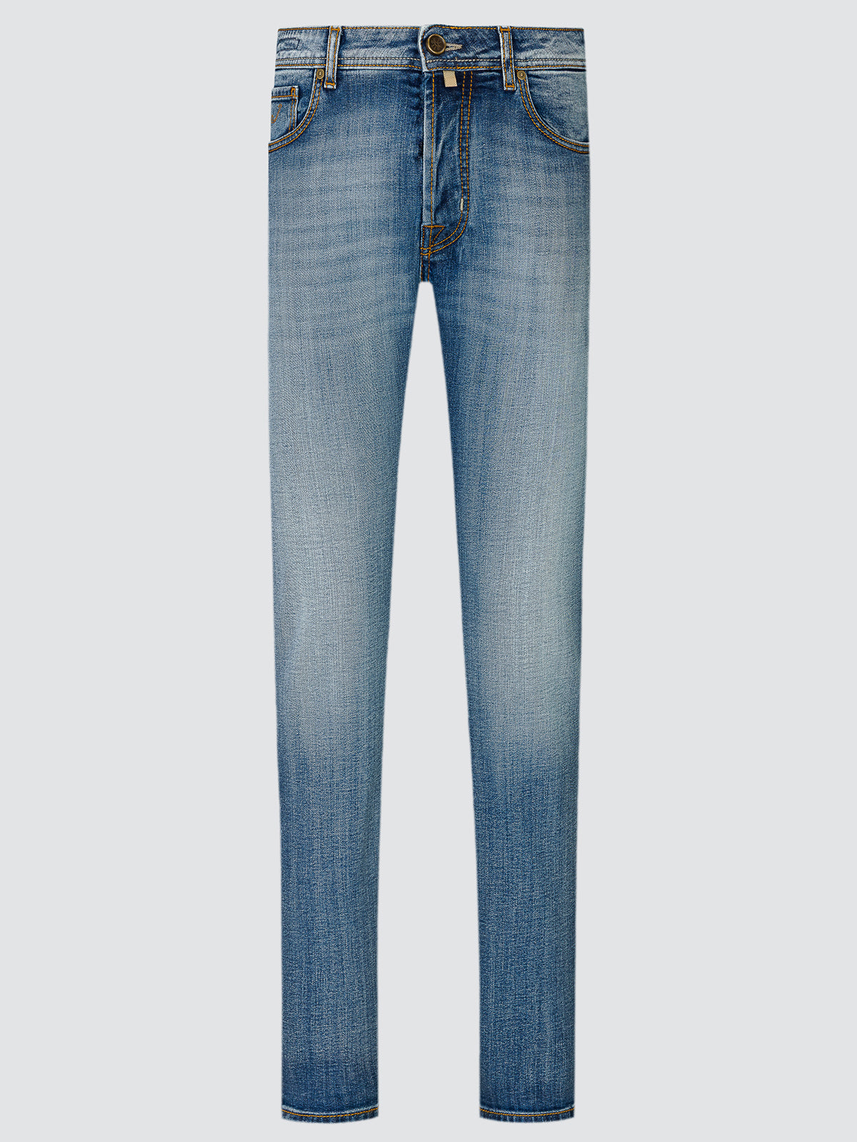 Light blue slim-fit denim jeans with a faded wash, shown flat against a light gray background.