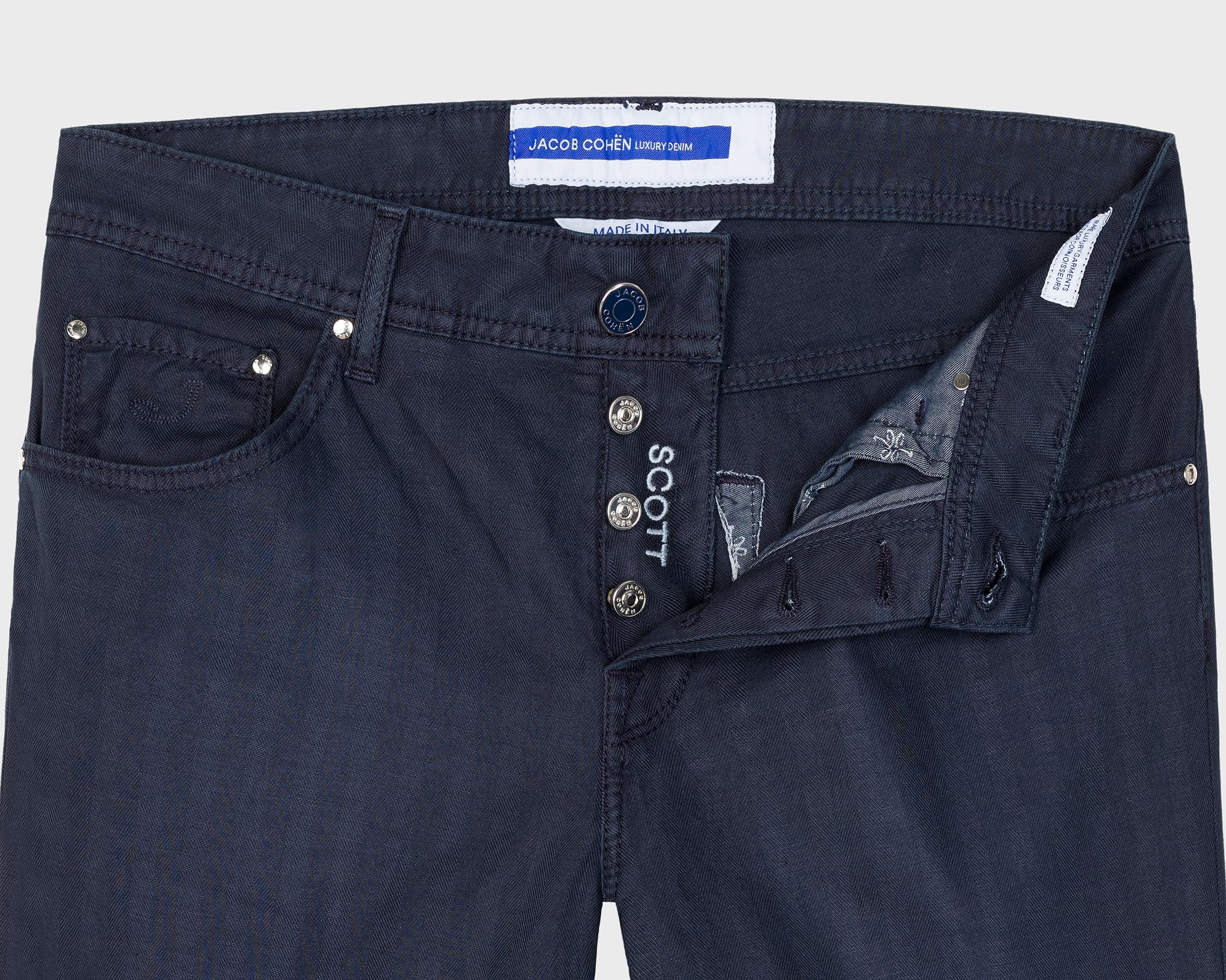 SCOTT CROPPED PANTS IN NAVY BLUE COTTON AND LINEN HERRINGBONE