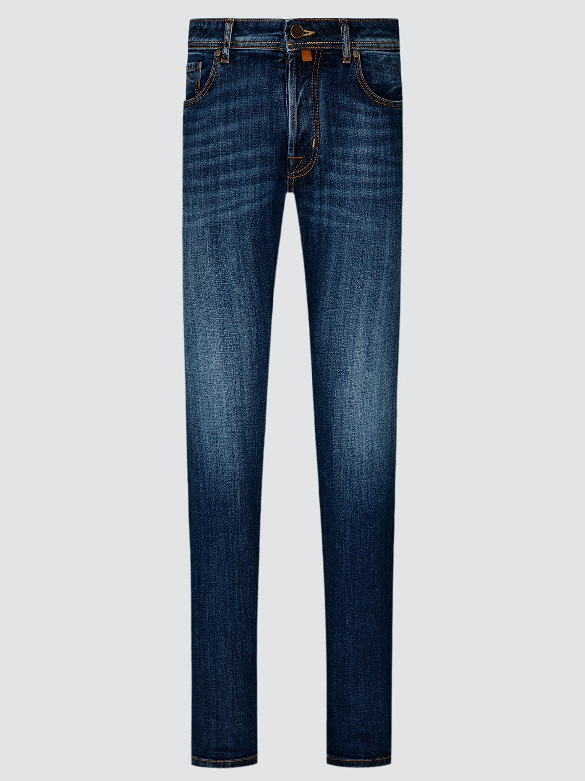 A pair of dark blue slim-fit jeans with whiskering and subtle fading on the thighs, shown flat against a light gray background.
