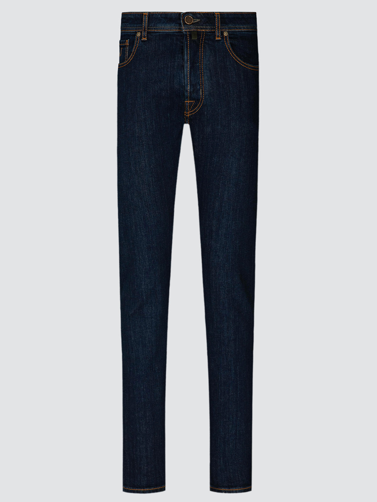 Dark blue slim-fit denim jeans with contrast orange-brown stitching, shown flat against a light gray background.