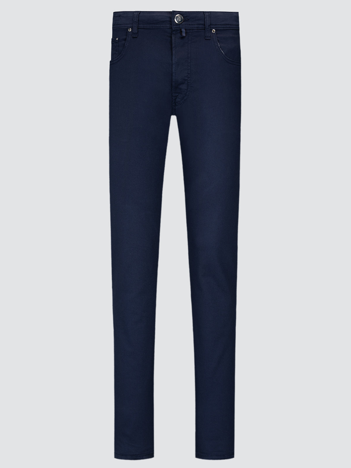 Navy blue jeans twill stretch bard on a light gray background