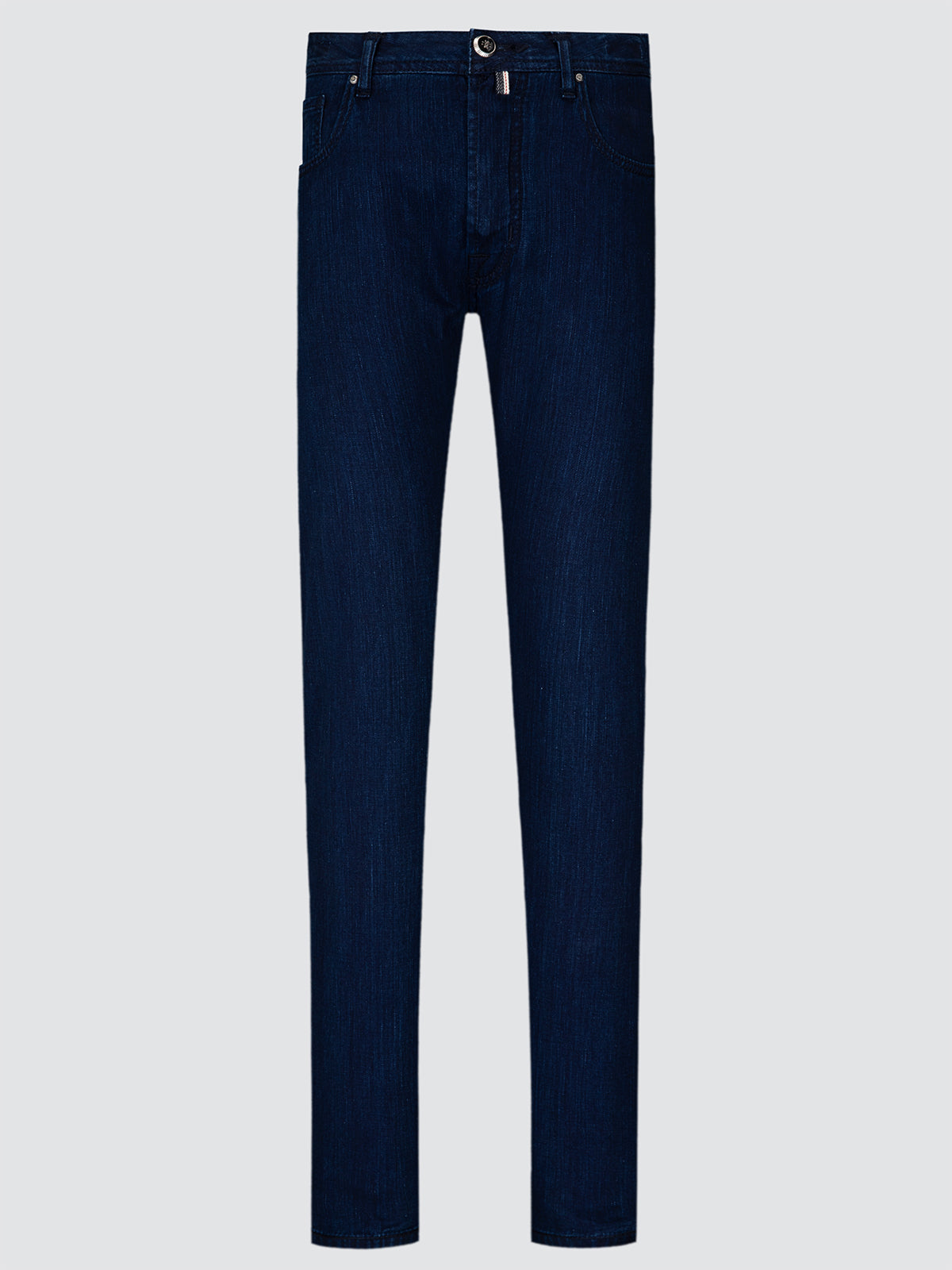 Pair of dark blue jeans bard limited edition on a light gray background