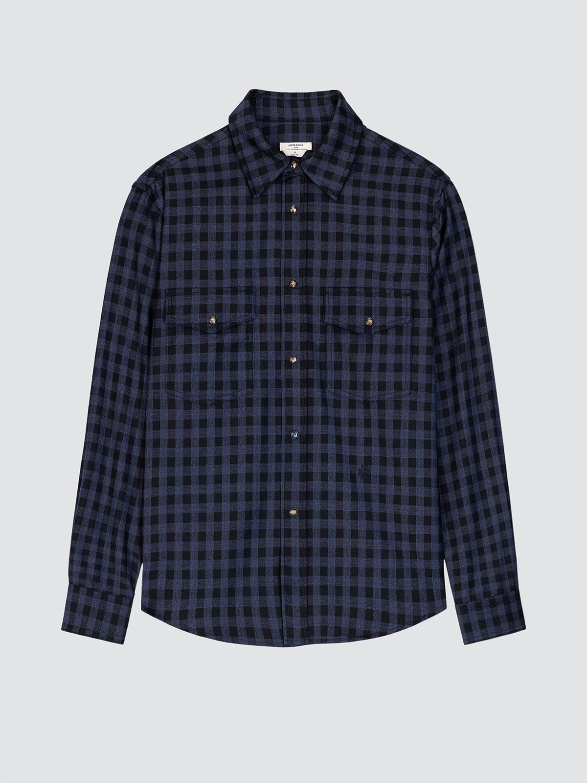 Navy and black checkered shirt on a light gray background