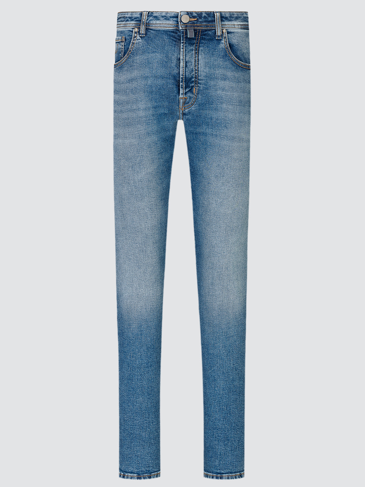 A pair of slim-fit blue denim jeans with a faded wash, shown flat against a light gray background.