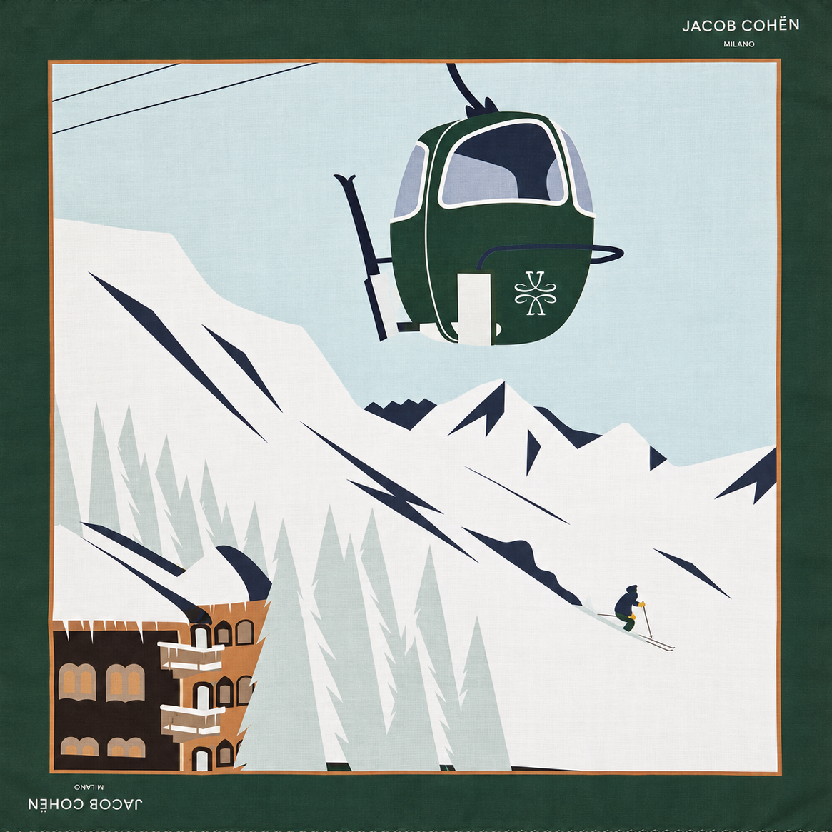 A square scarf by Jacob Cohen Milano featuring a stylized winter mountain scene with a green ski cable car courchevel, snowy peaks, pine trees, and a small skier, bordered by dark green and tan edges.
