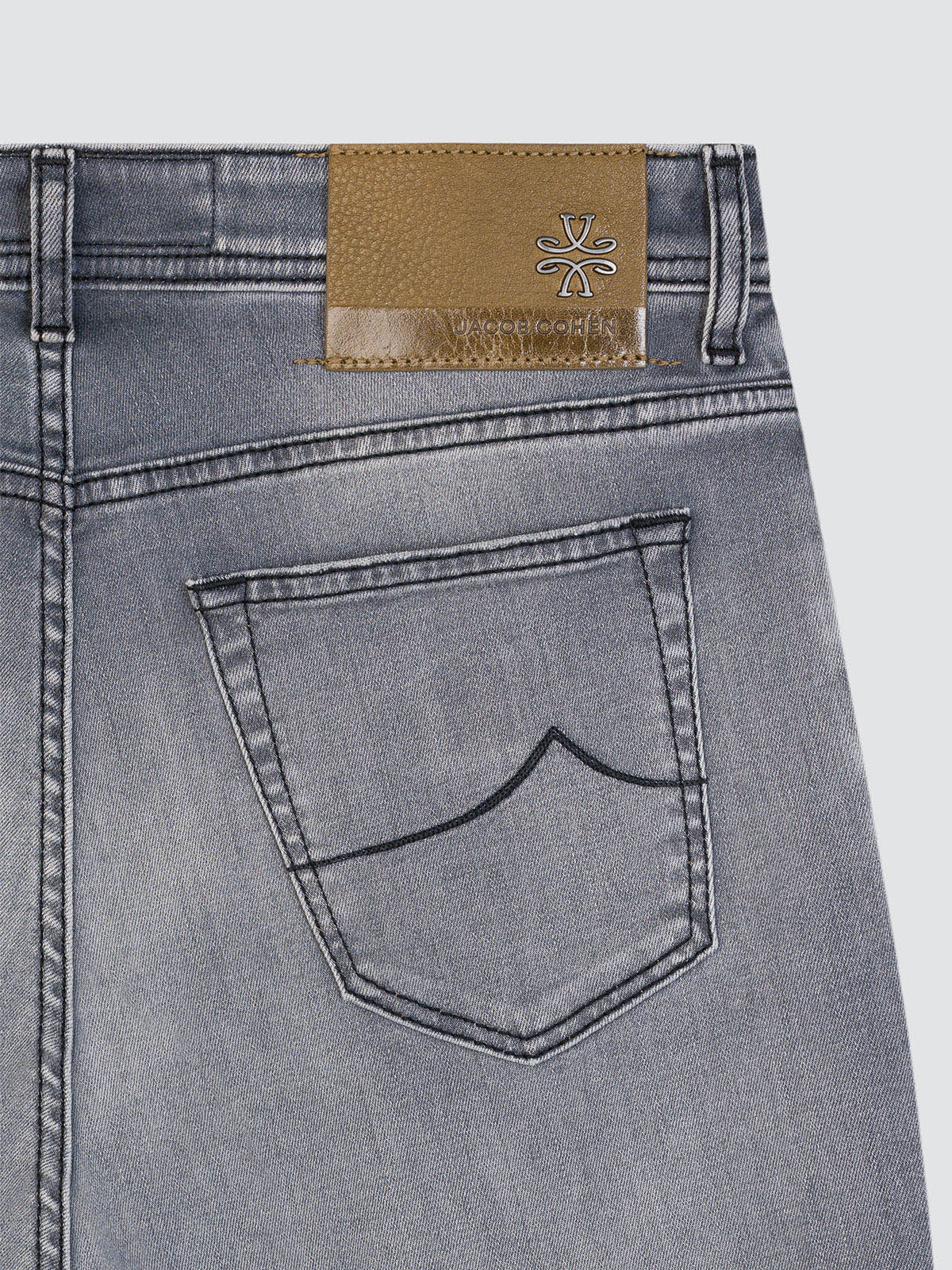 Nick Jacob Cohen light grey super stretch leather patch green brown black stitches