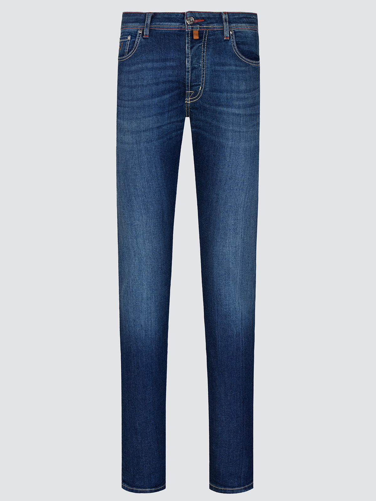 Jeans blue Jacob Cohën with red and white stitches orange brown plate front view