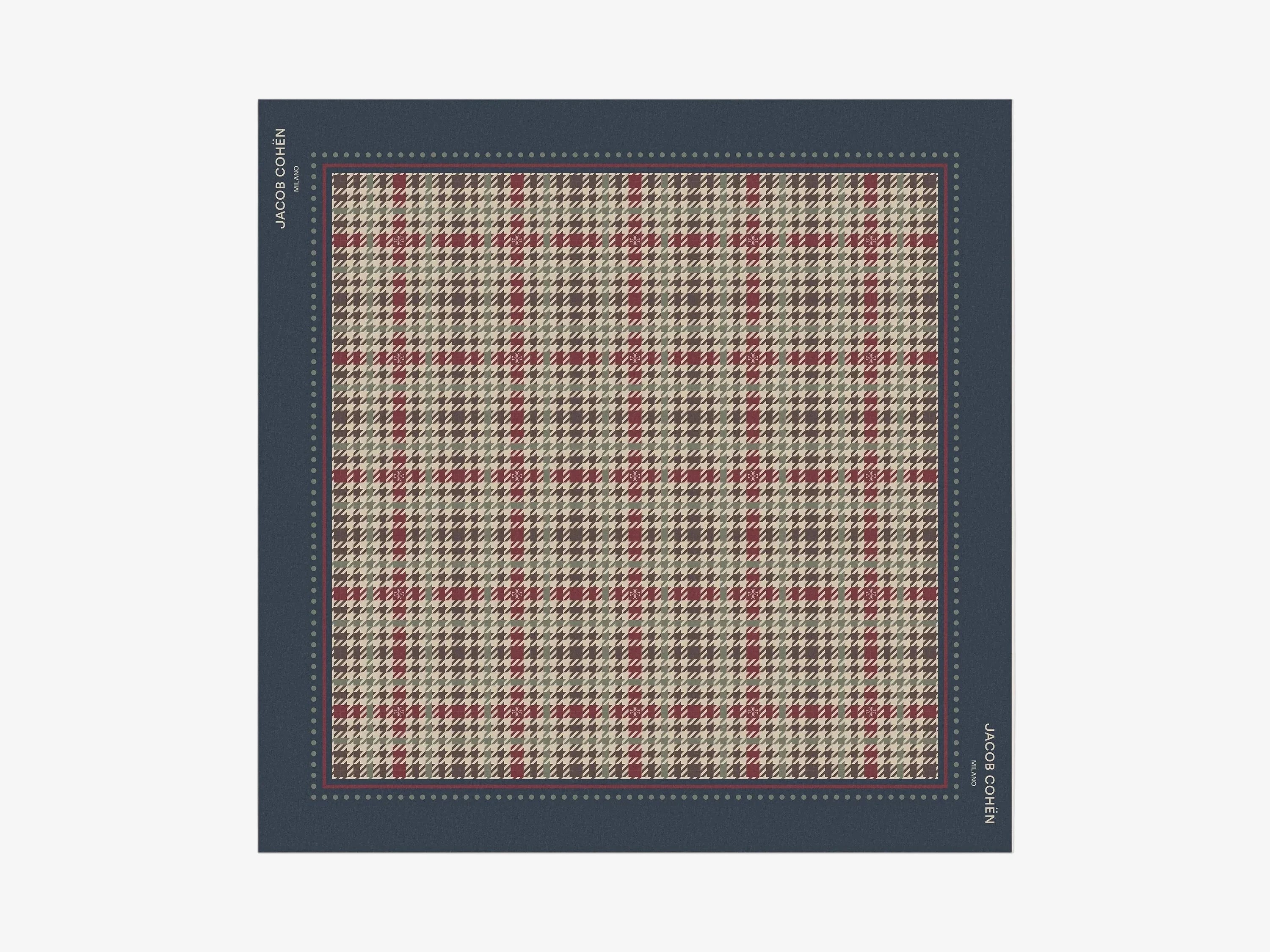 A square bandana by Jacob Cohen, featuring a detailed houndstooth pattern in red, beige, and gray, framed by a solid navy blue border with white text at the top and bottom.