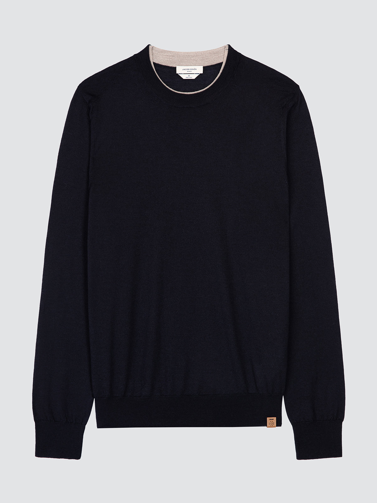 navy blue sweater Jacob Cohen crewneck with double ribs beige contrast on a light gray background