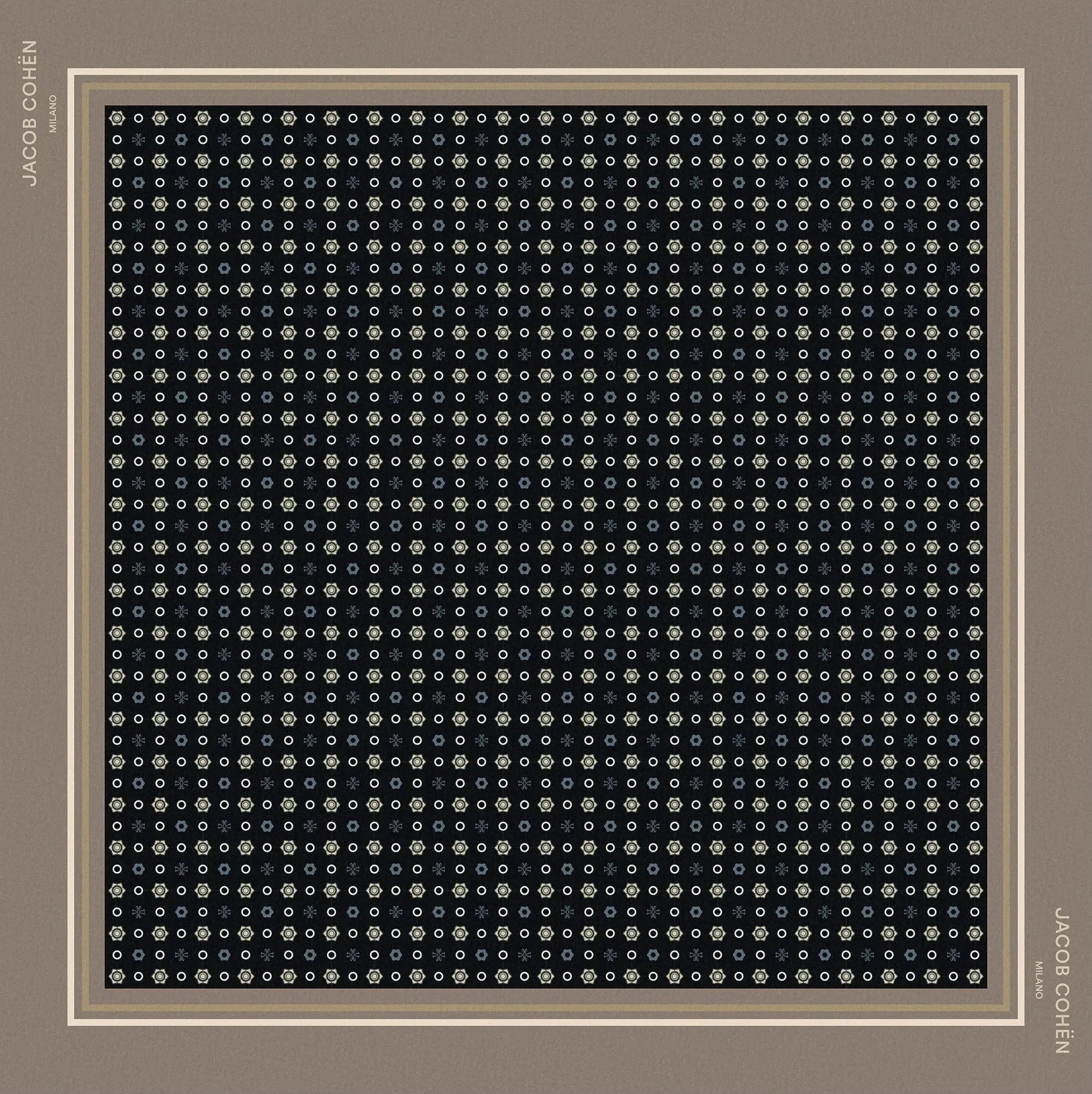 A square scarf by Jacob Cohen, featuring a black and white geometric dot pattern surrounded by a beige border