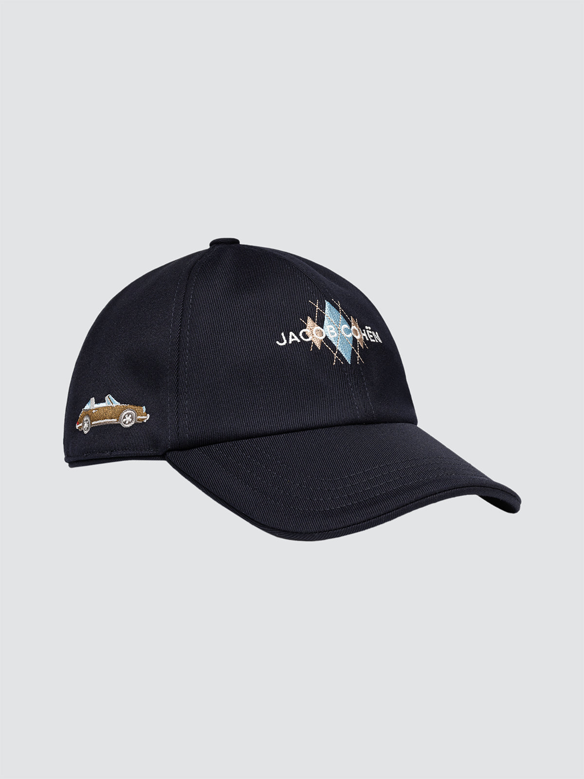 Navy blue cap Jacob Cohen with embroidered designs on a light gray background
