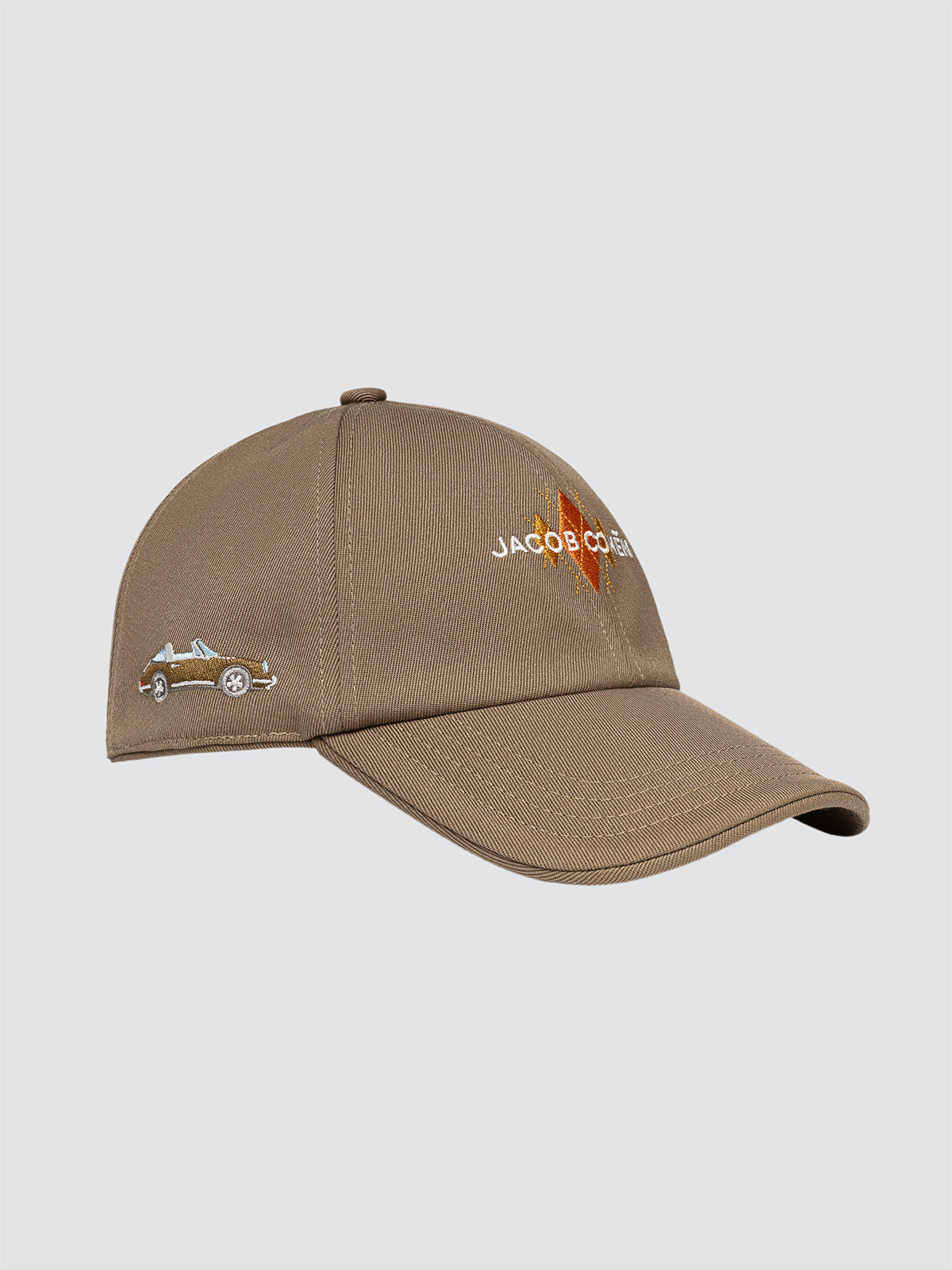 Jacob Cohen Brown cap with embroidered designs on a light gray background