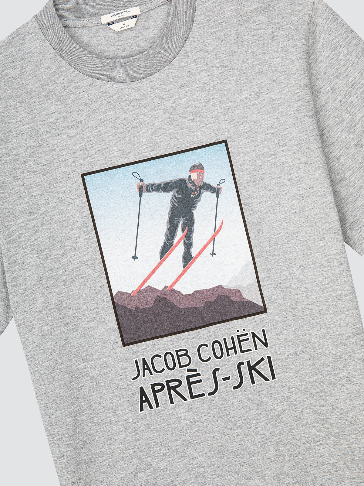 Gray t-shirt with a graphic of a skier and 'Jacob Cohen Après-Ski' text. Prada