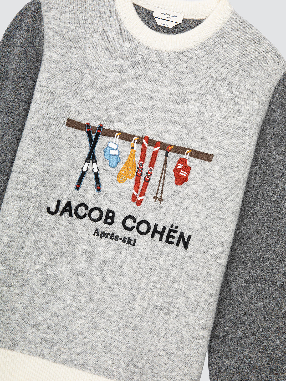 Gray sweatshirt with colorful acres-ski graphic and 'Jacob Cohen' branding