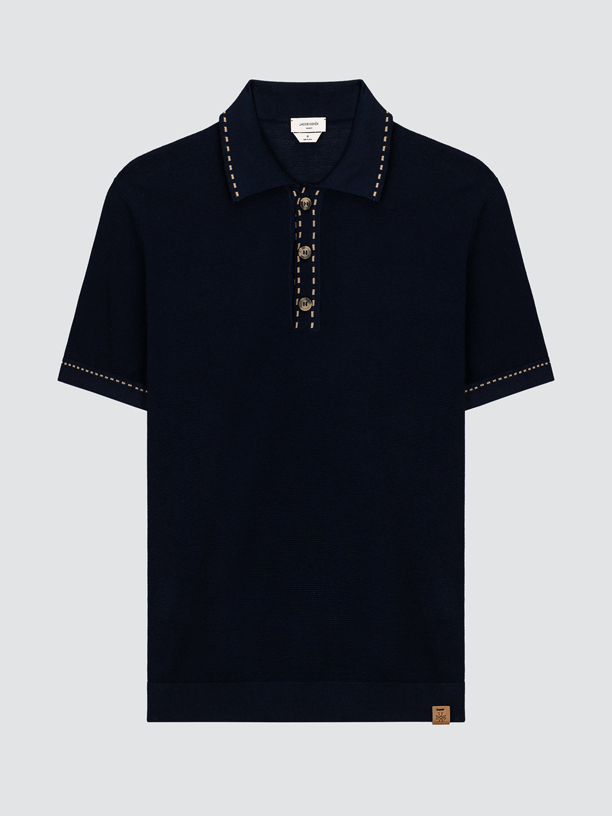 Navy blue Jacob Cohen polo shirt with horn buttons on a light gray background
