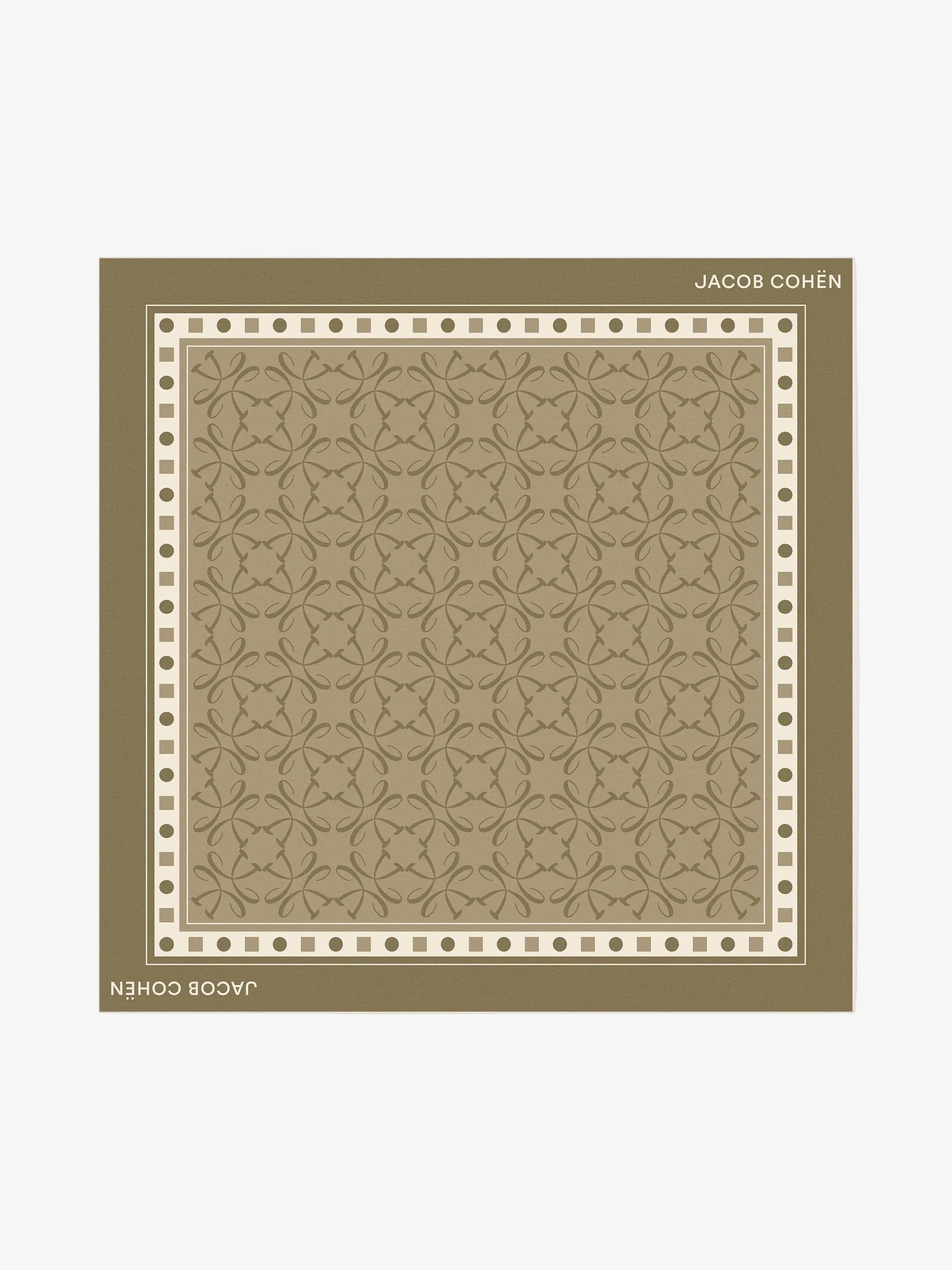 Patterned scarf with 'JACOB COHEN' branding on a light gray background