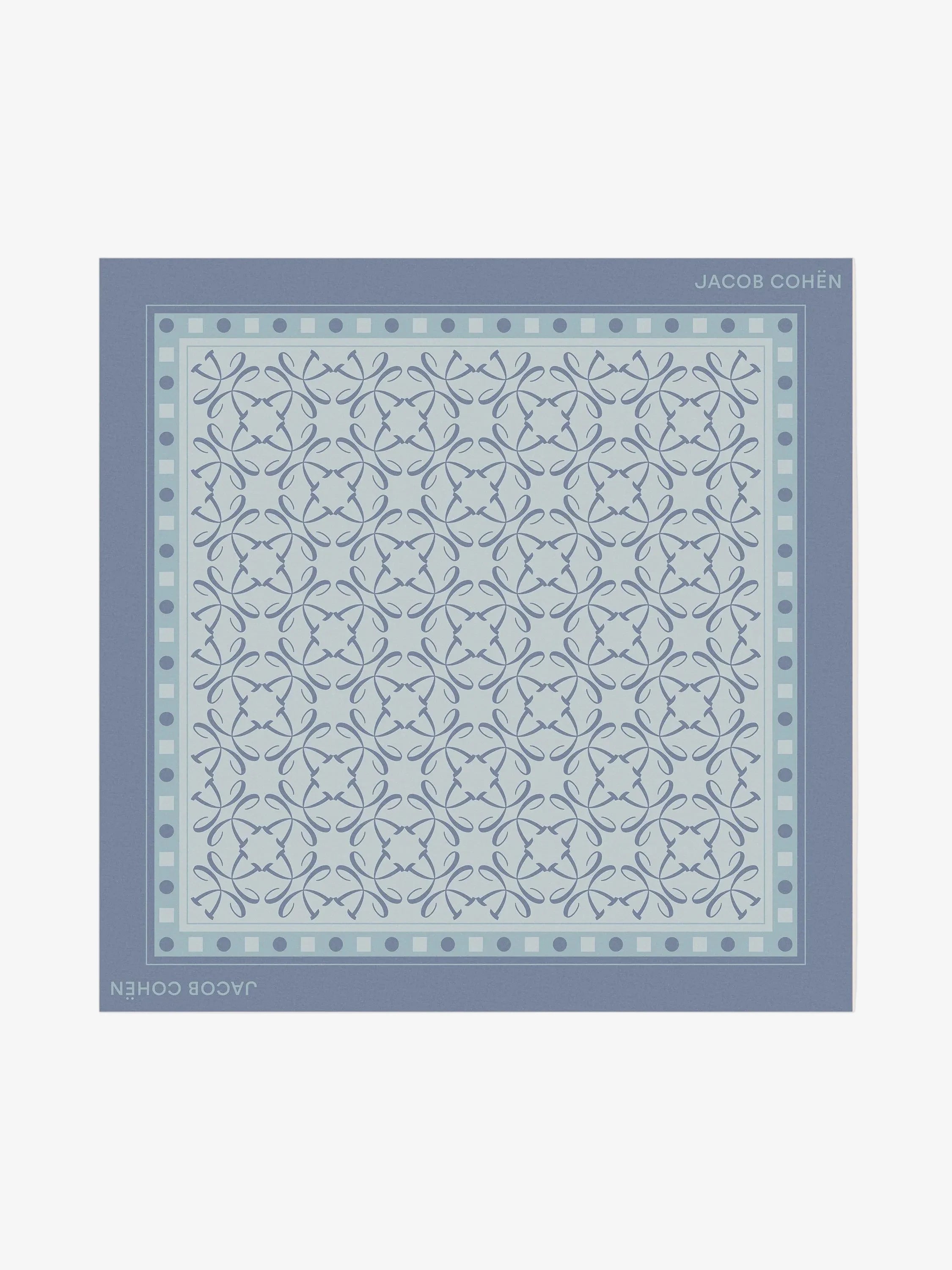 Blue patterned scarf with brand name on a light gray background