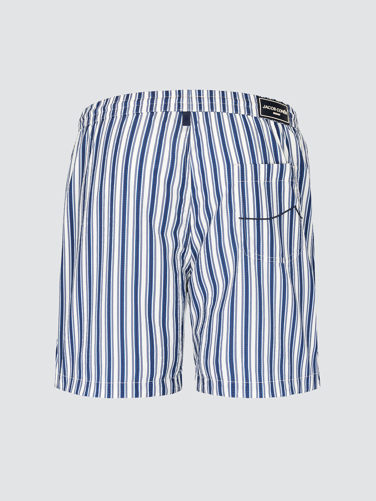 Blue and white striped swim shorts on a light gray background