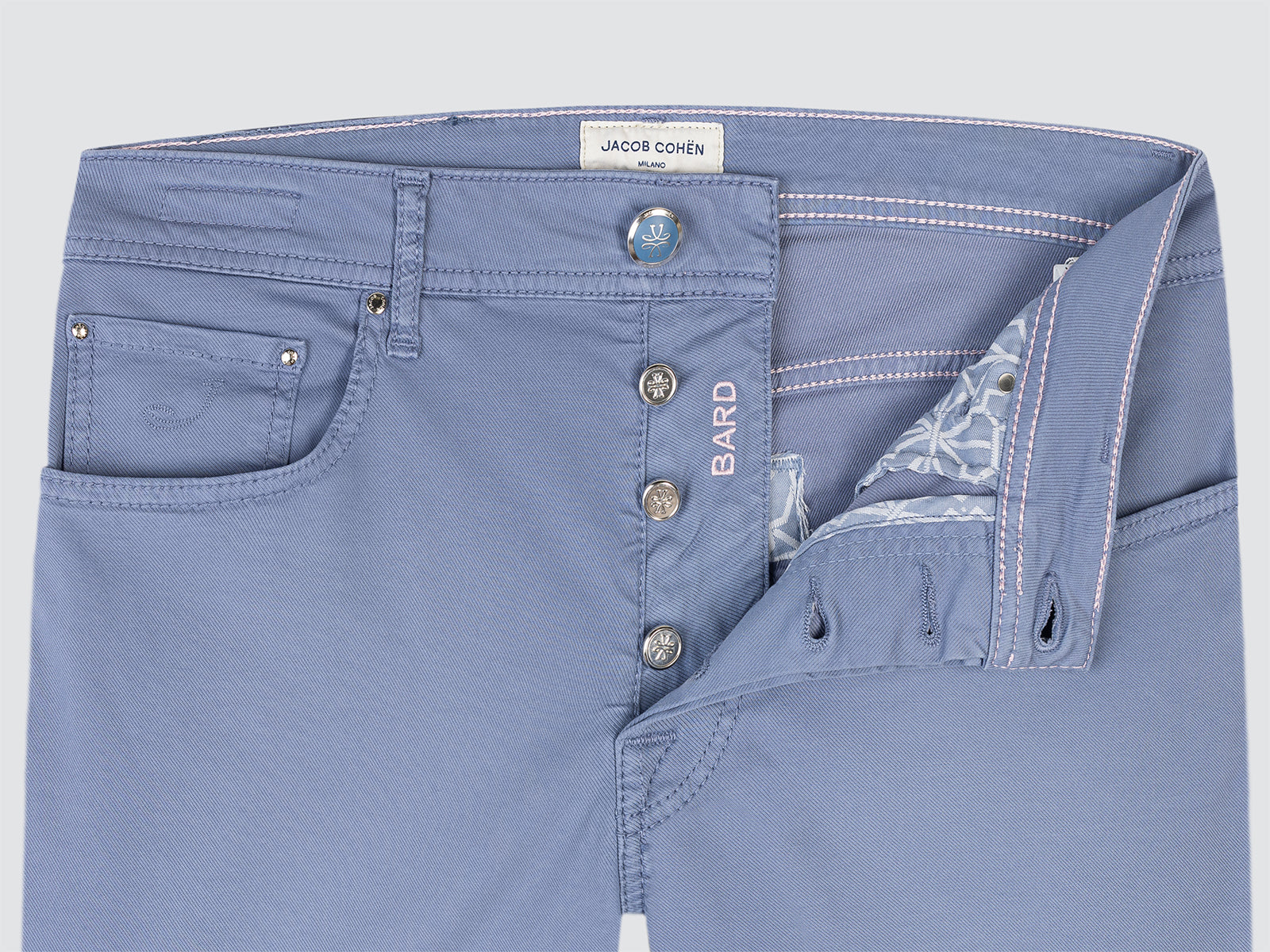 Blue pants with visible branding on a light gray background