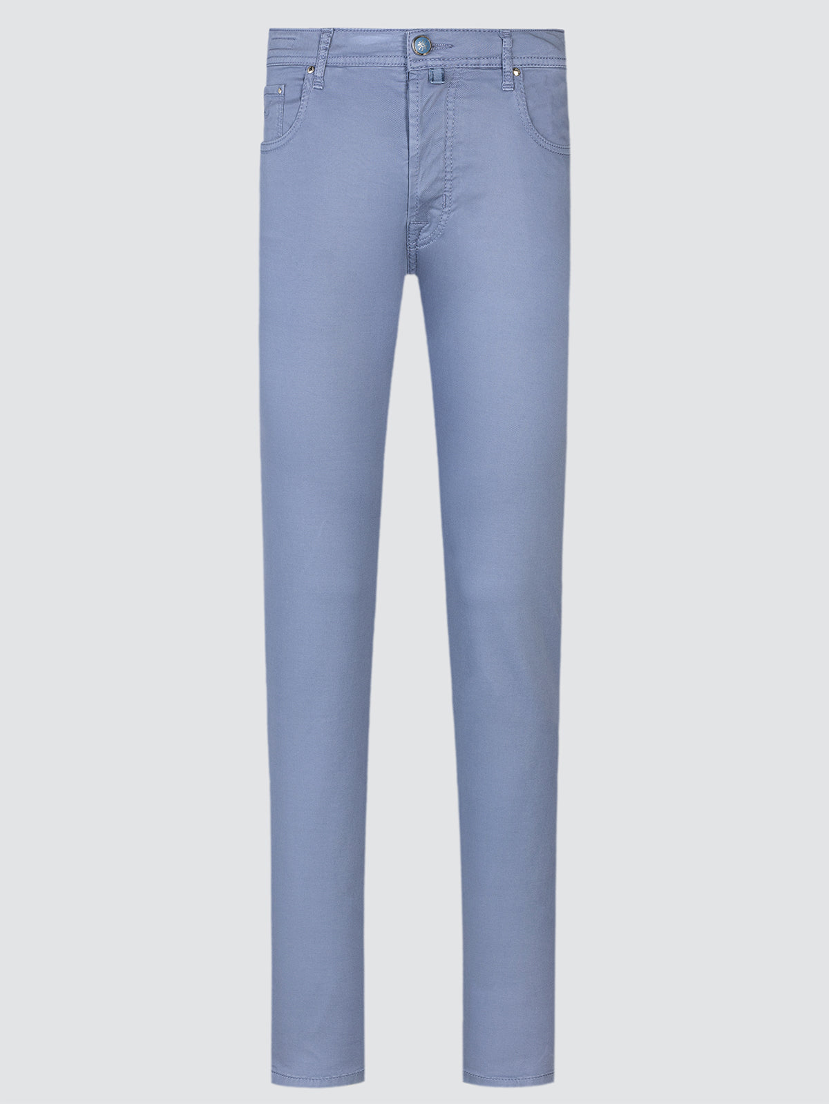 Light blue5 pockets pants on a light gray background