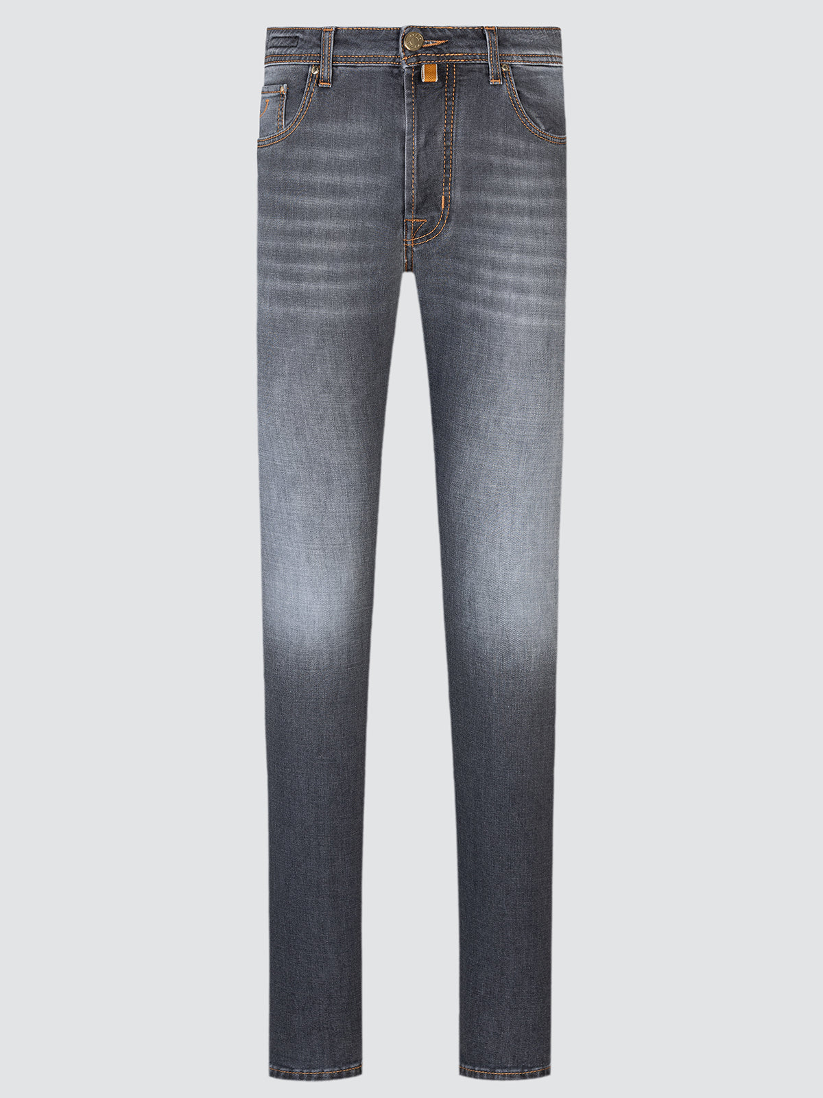 Pair of blue jeans on a light gray background