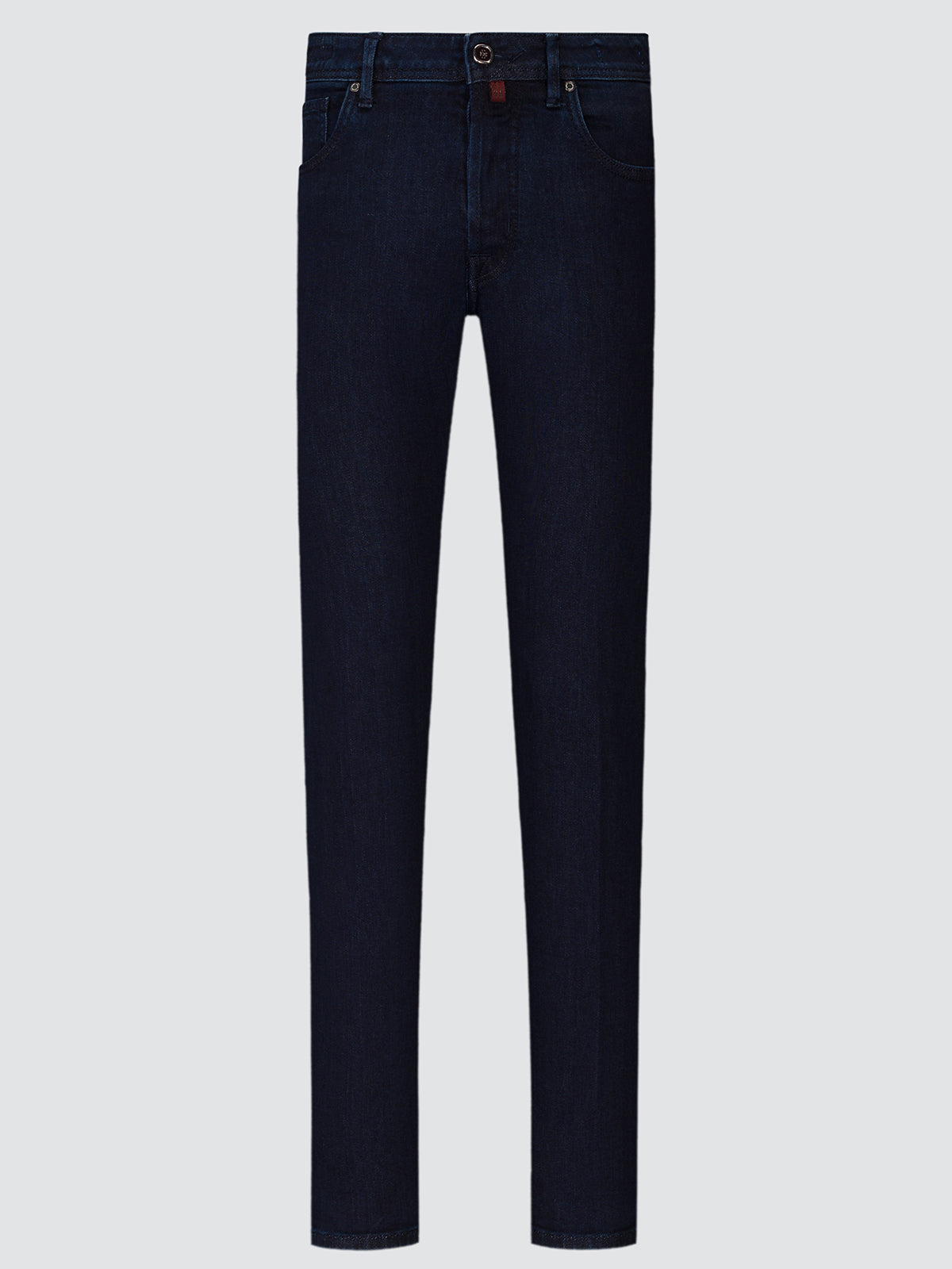 Dark navy blue slim-fit jeans shown flat against a light gray background.