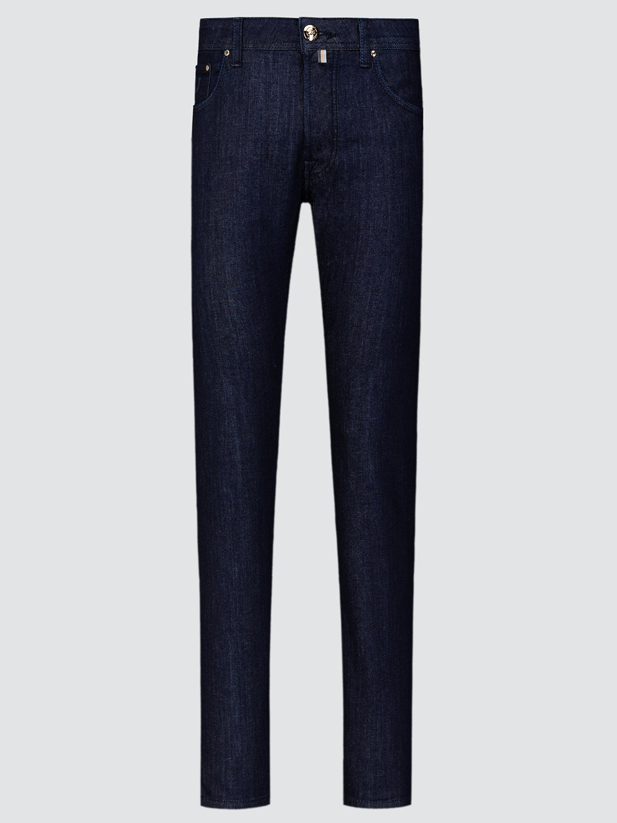 Dark blue jeans on a light gray background