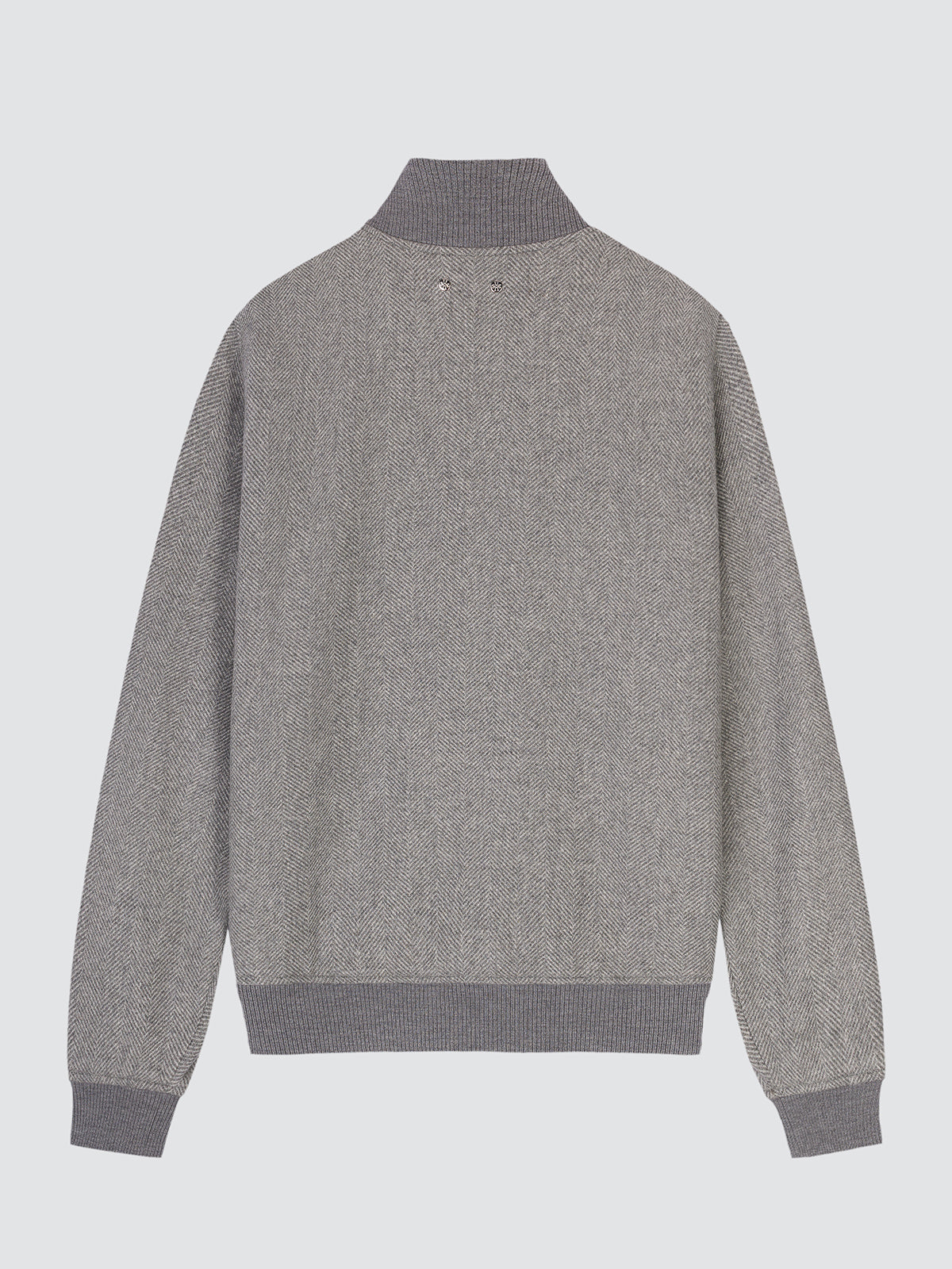 A gray knit sweater with a mock neck, ribbed collar, cuffs, and hem, shown from the back on a light gray background.