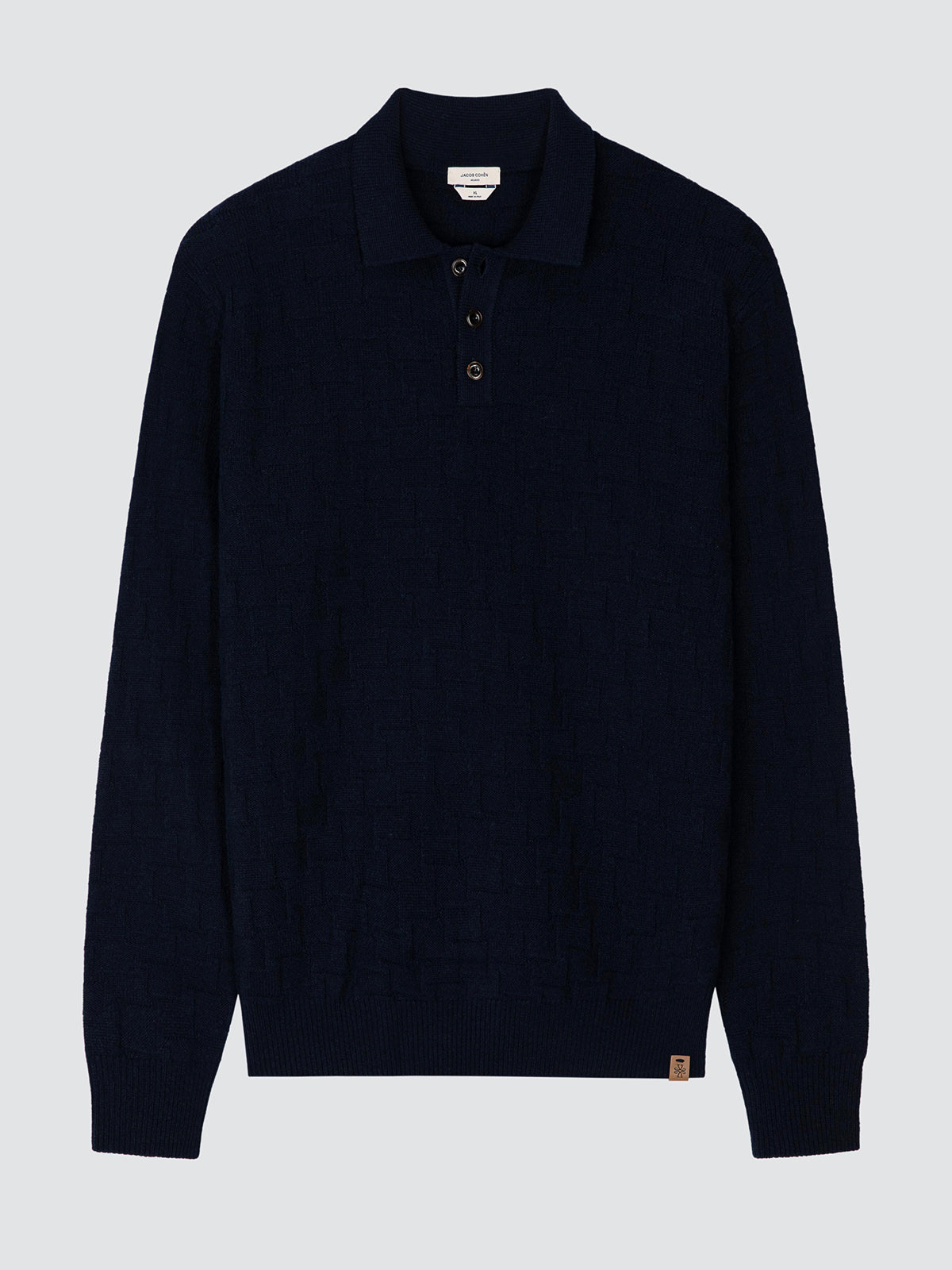 A dark navy blue long-sleeve knit polo sweater with a three-button placket, displayed on a neutral light gray background.