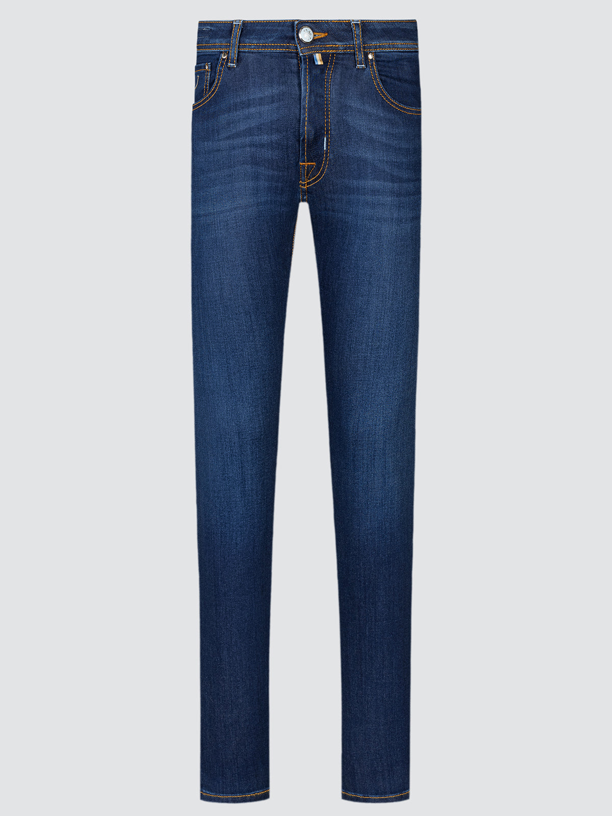Pair of blue jeans on a light gray background