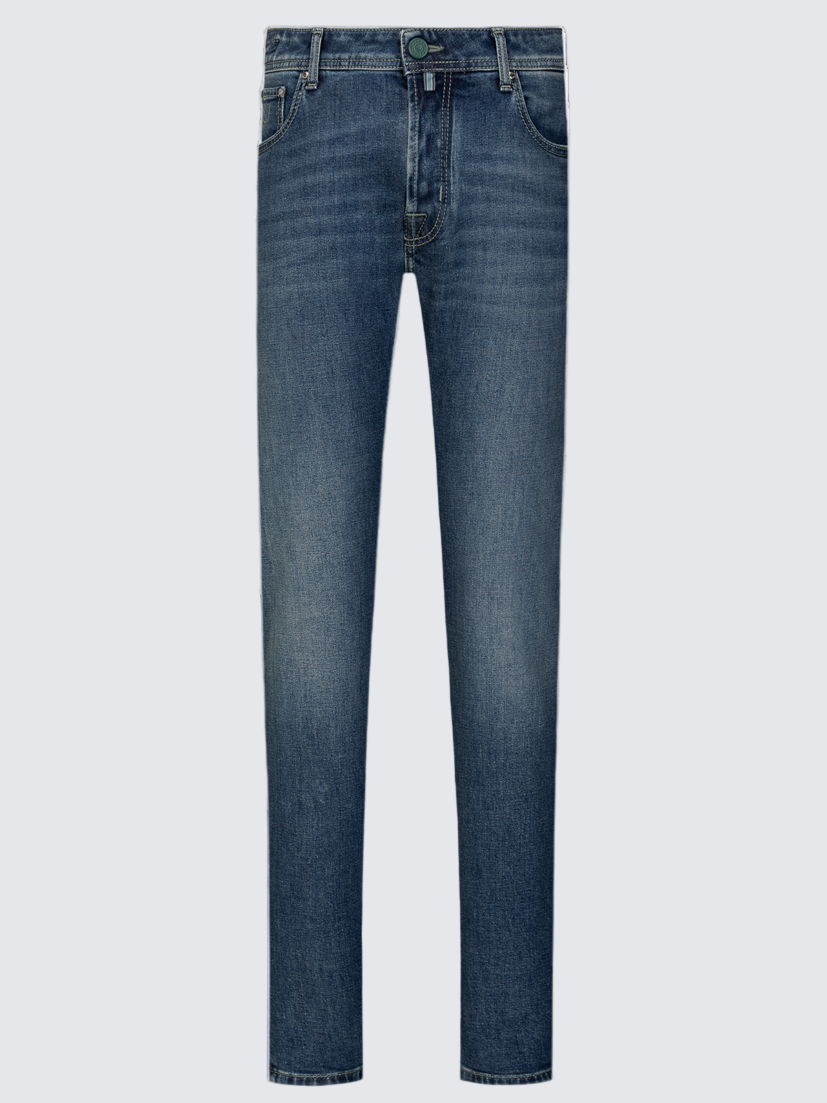 Pair of blue jeans on a light gray background