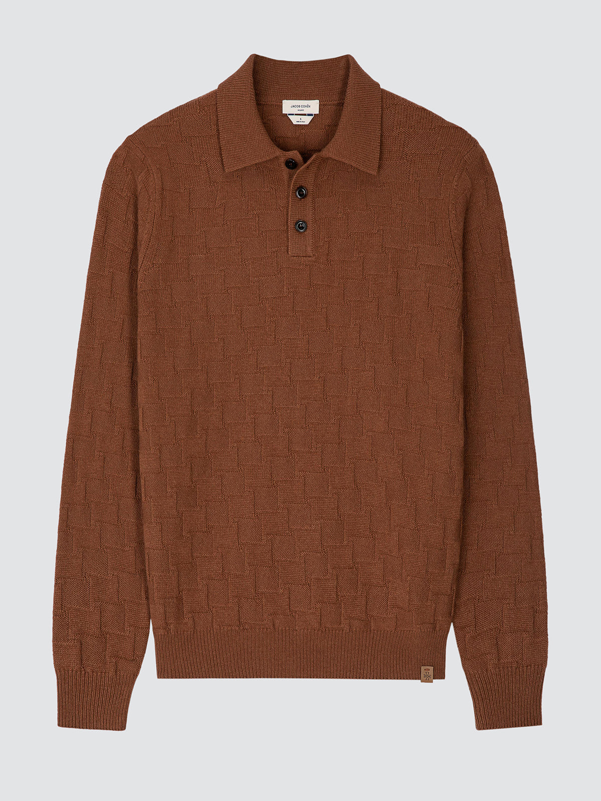 A brown textured knit polo sweater with a collar and three-button placket, displayed flat against a light gray background.