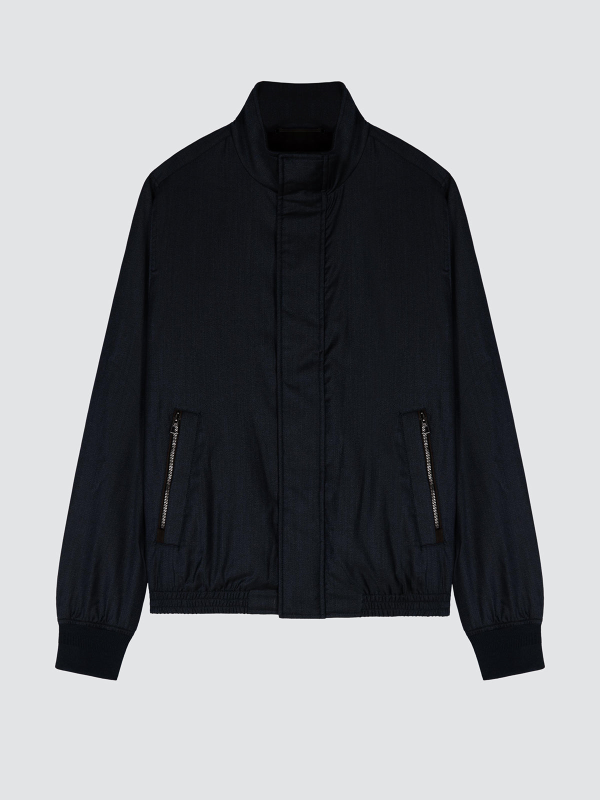 A dark navy blue lightweight bomber Jacob Cohën jacket with a stand-up collar, front zipper, and zippered hand pockets, displayed against a solid light gray background.