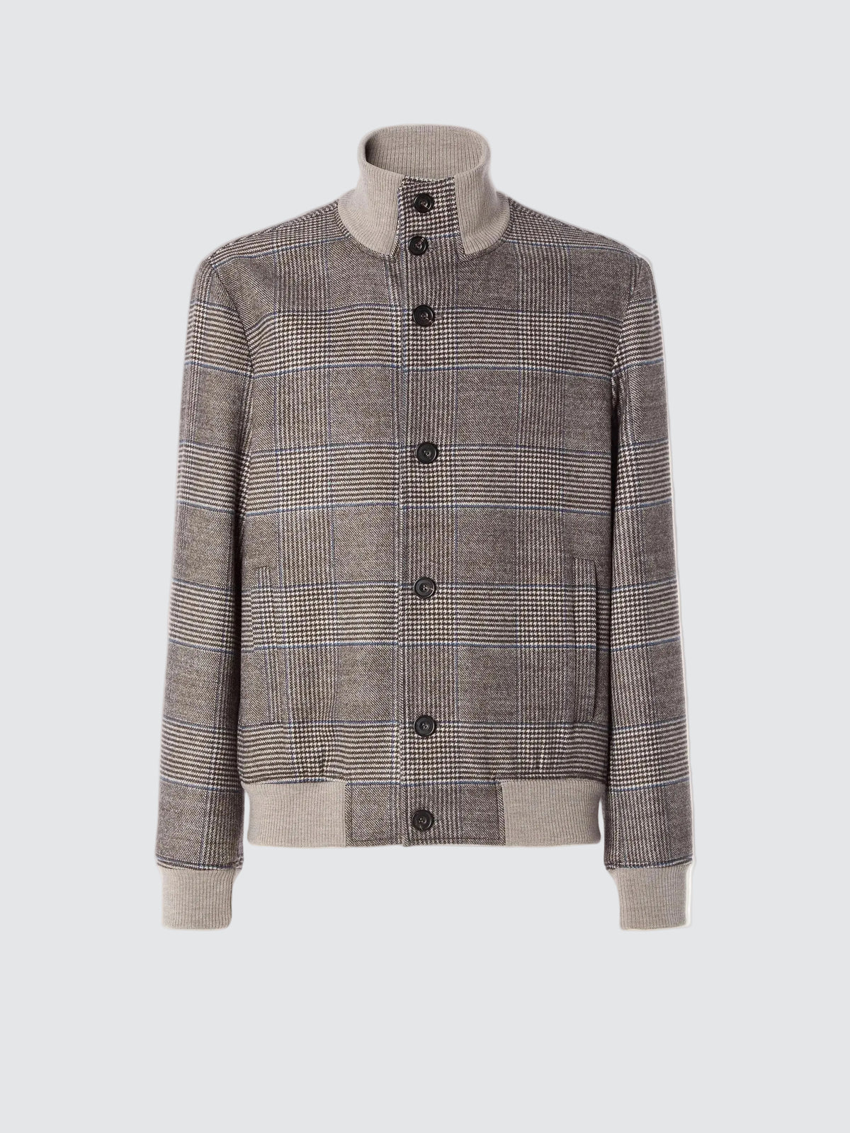 A men's long-sleeve jacket featuring a gray and brown plaid pattern, a light gray mock neck collar, dark buttons, and ribbed gray cuffs and hem, displayed on a neutral beige background.