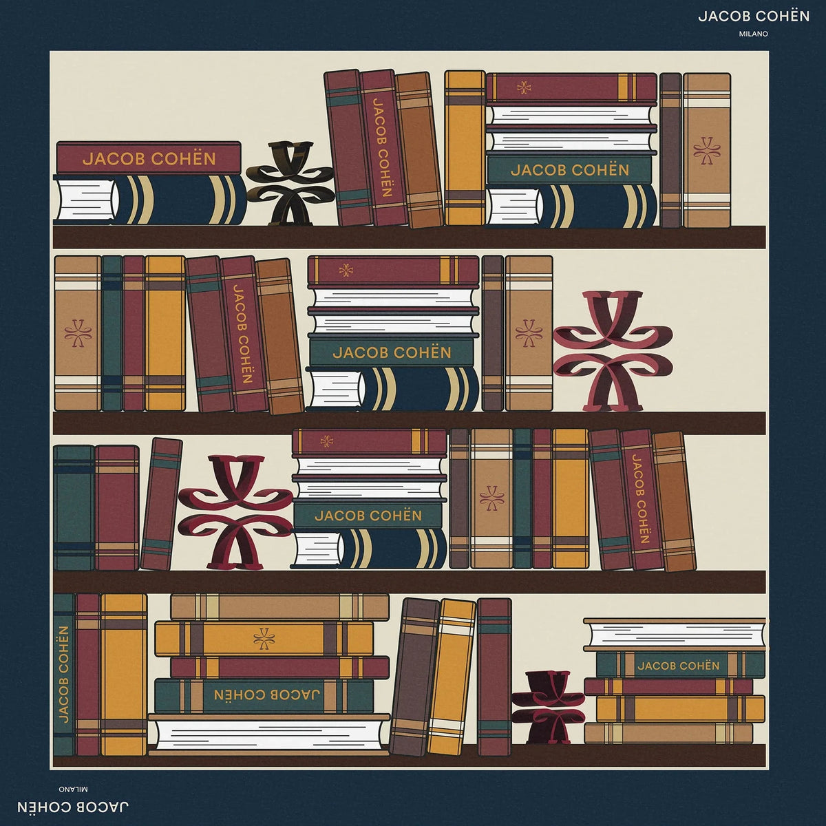 Framed artwork of books on a shelf with 'Jacob Cohen' branding.