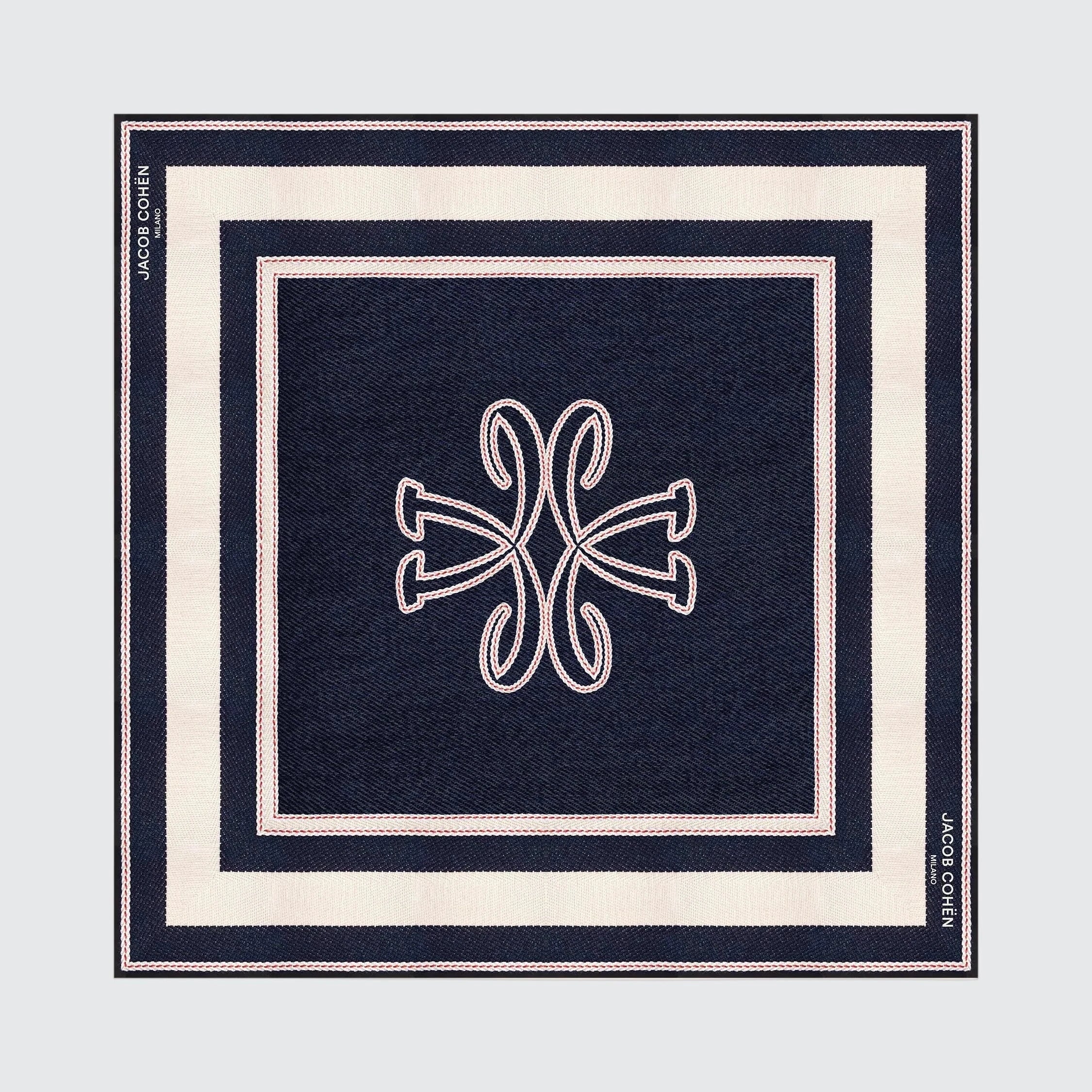 JACOB COHEN Limited edition square scarf in navy blue and cream, featuring a central embroidered monogram and concentric borders.